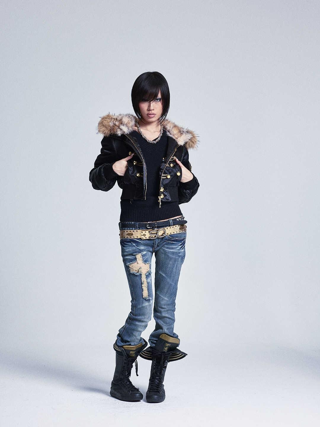 NONAME SPACE Black Fur Collar Hooded Regal Cropped Slim Women&
