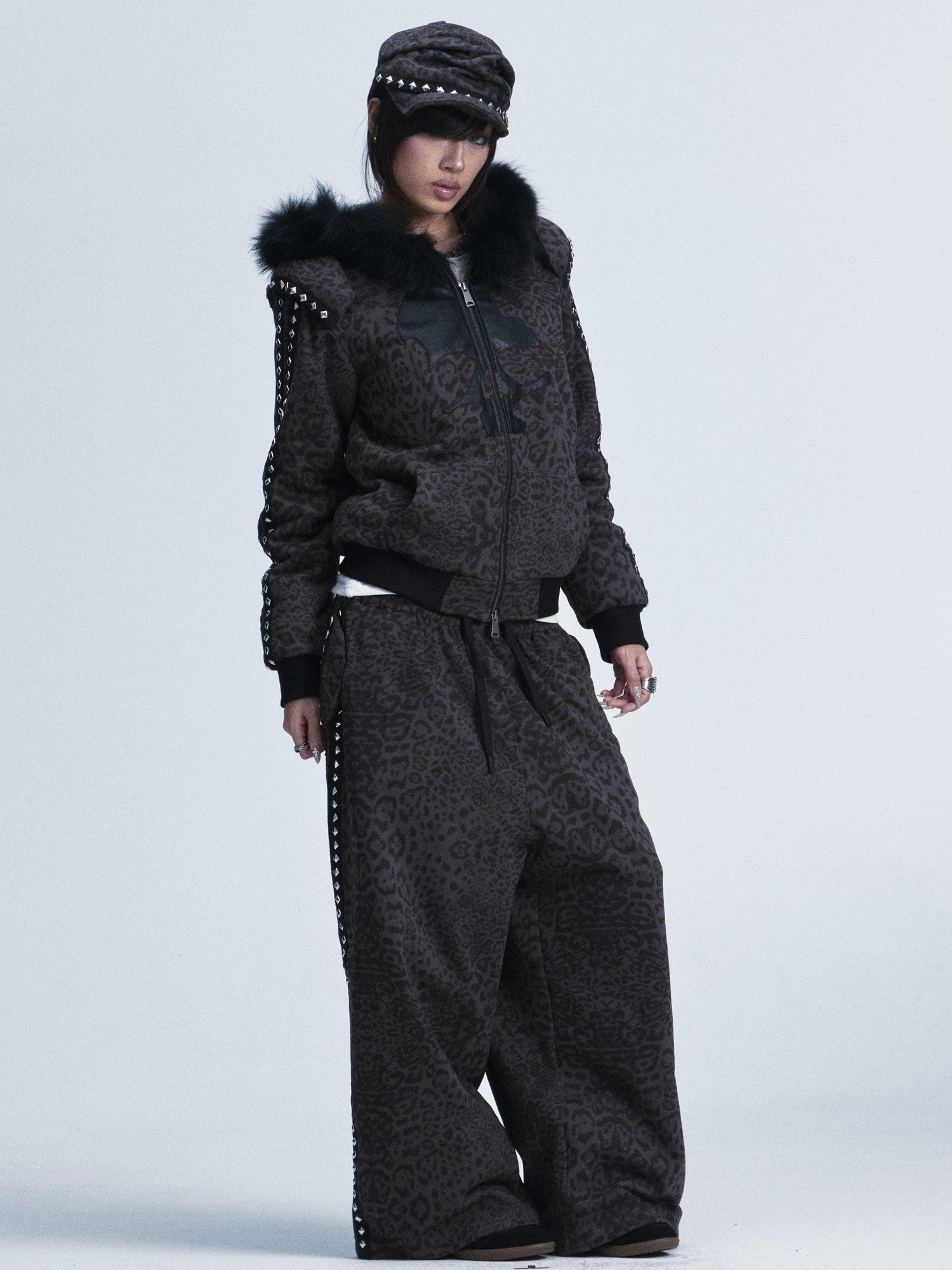 NONAME SPACE Leopard Padded Shoulder Fox Fur Collar Hooded Women&