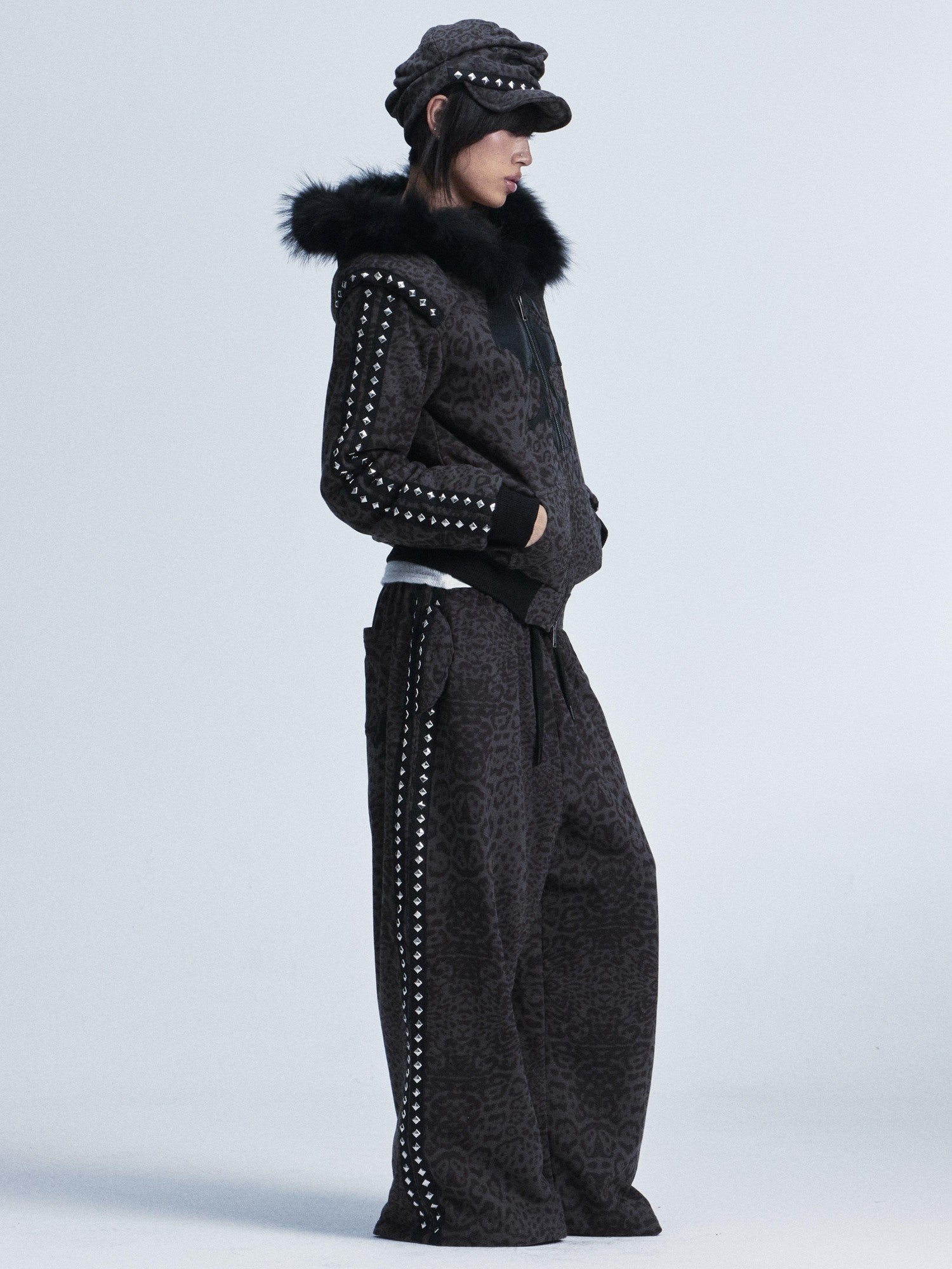 NONAME SPACE Leopard Padded Shoulder Fox Fur Collar Hooded Women&