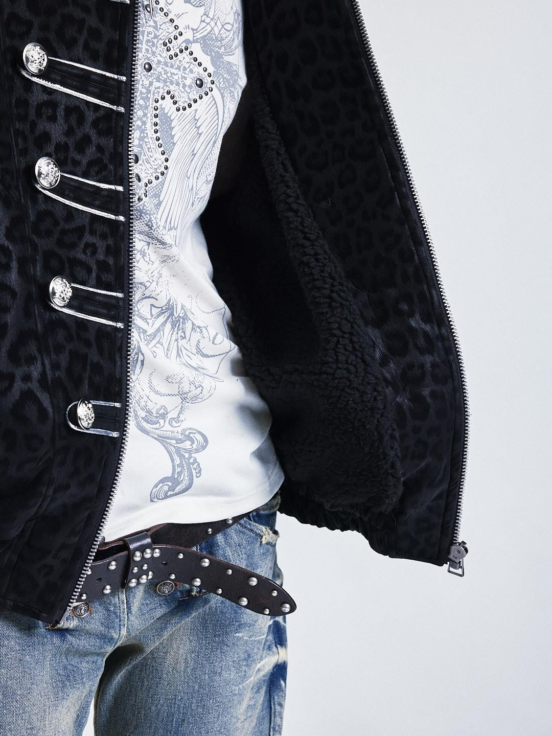 NONAME SPACE Leopard Print Plush Zip Drop Shoulder Women&
