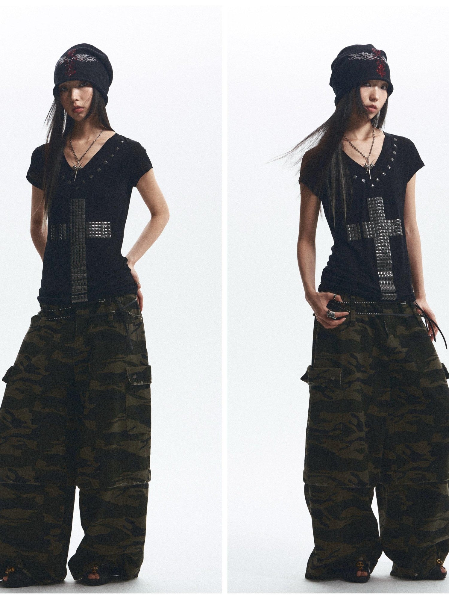 NONAME SPACE Loose Fit Cross Rhinestone Rivet V-neck Women&