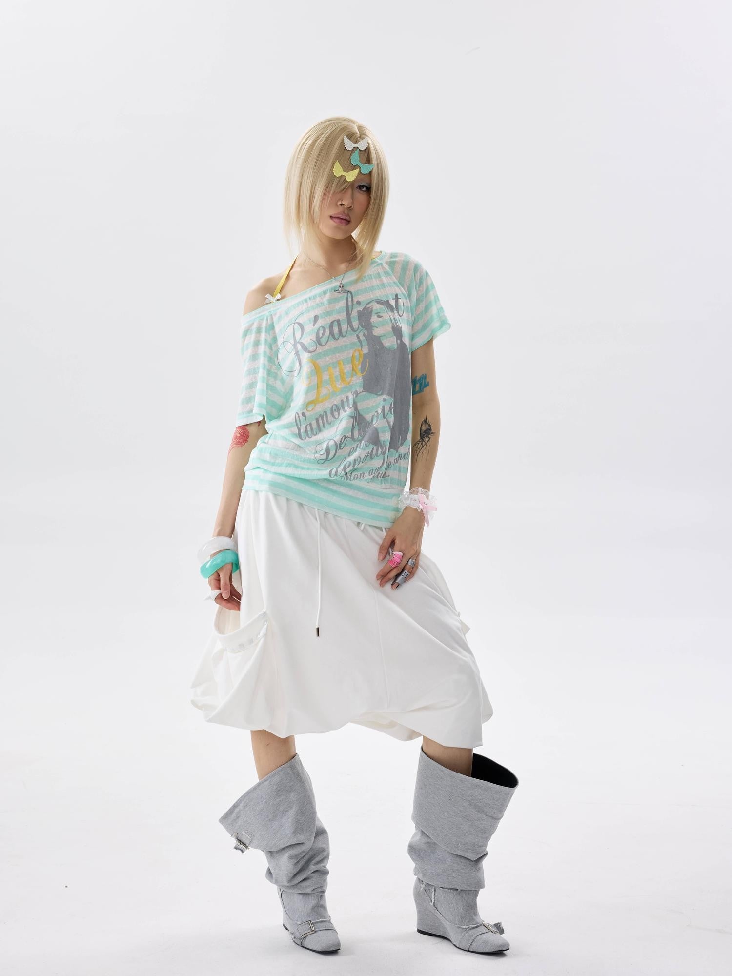 NONAME SPACE Mint Striped One Shoulder Halter Bow Tie Hem Women&