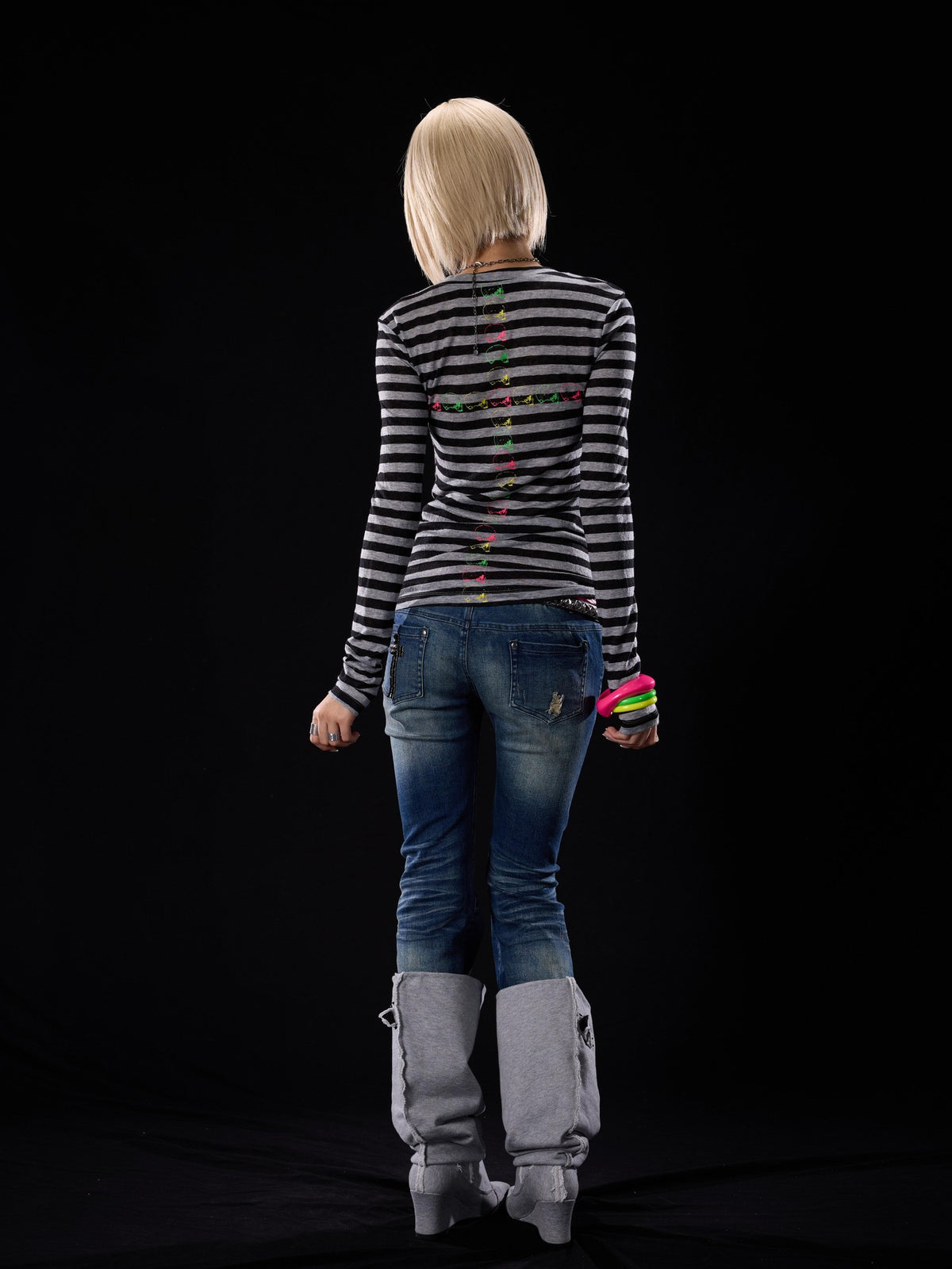 NONAME SPACE Punk Skull Striped Colorblock Print Slim Fit Women&