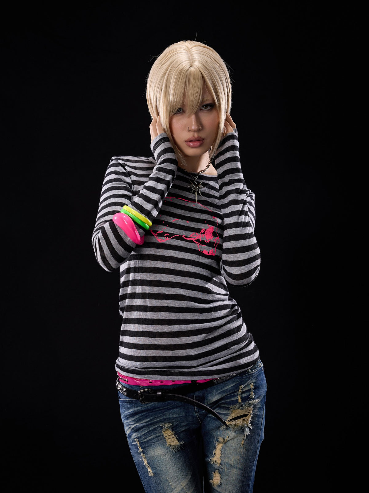 NONAME SPACE Punk Skull Striped Colorblock Print Slim Fit Women&