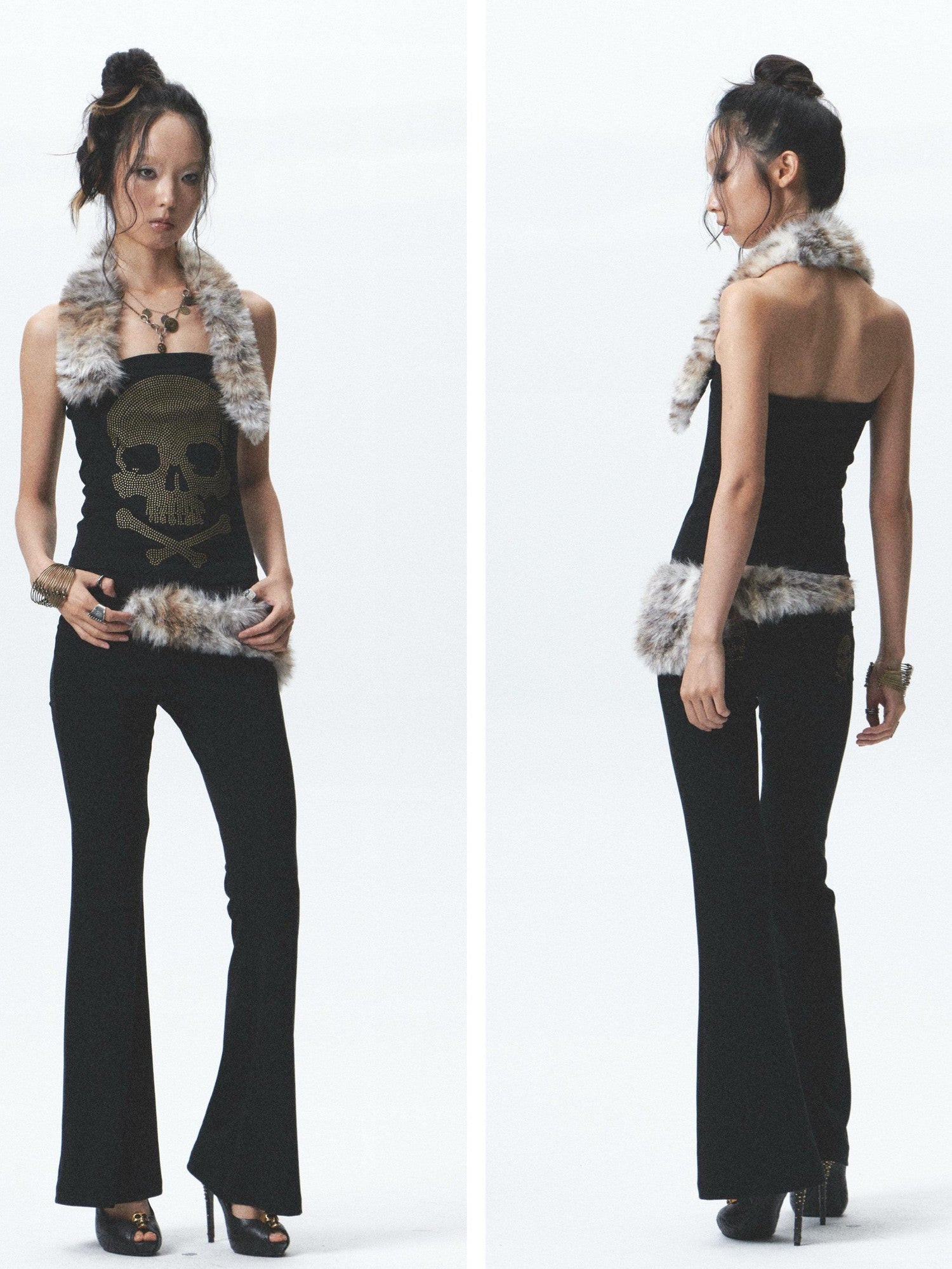 NONAME SPACE Rhinestone Detachable Two Tone Plush Splice Women&