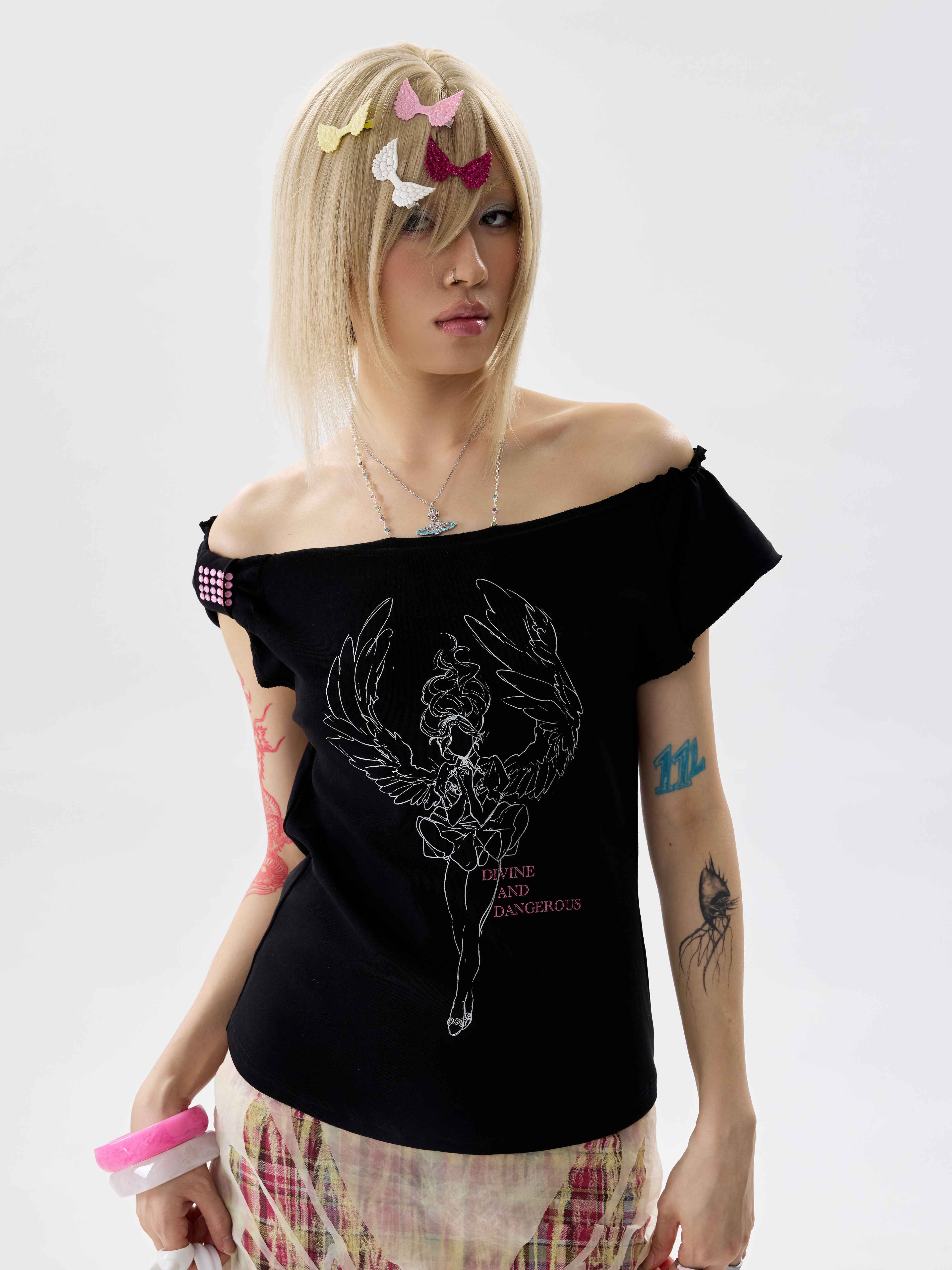 NONAME_SPACE_Ruched_Rhinestone_Wing_Cutout_One_Shoulder_Women&