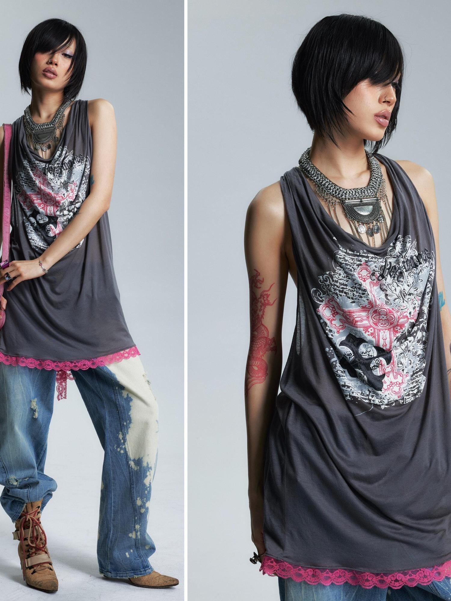 NONAME SPACE Sheer Draped Neck Printed A Line Narrow Strap Women&