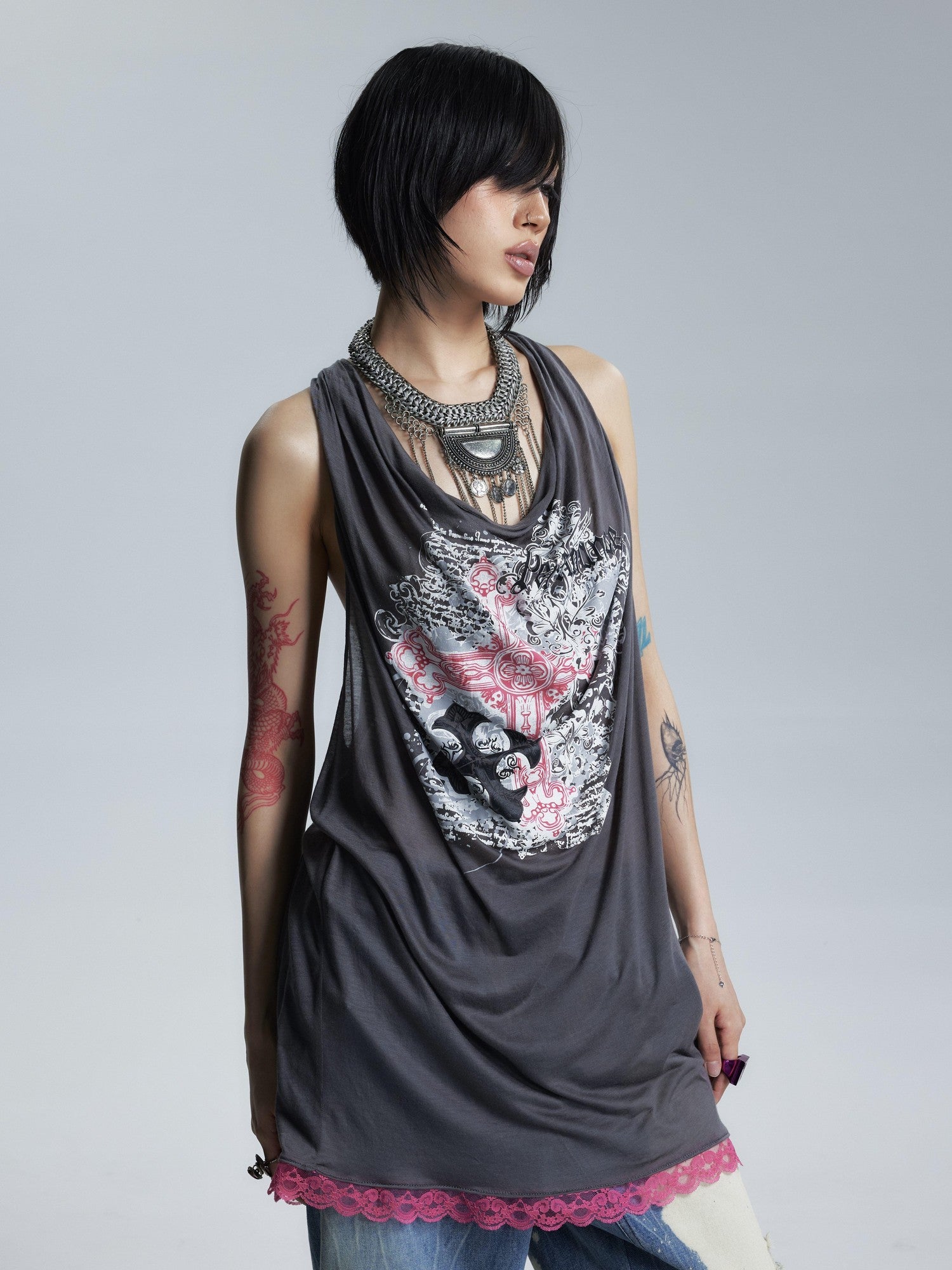 NONAME SPACE Sheer Draped Neck Printed A Line Narrow Strap Women&