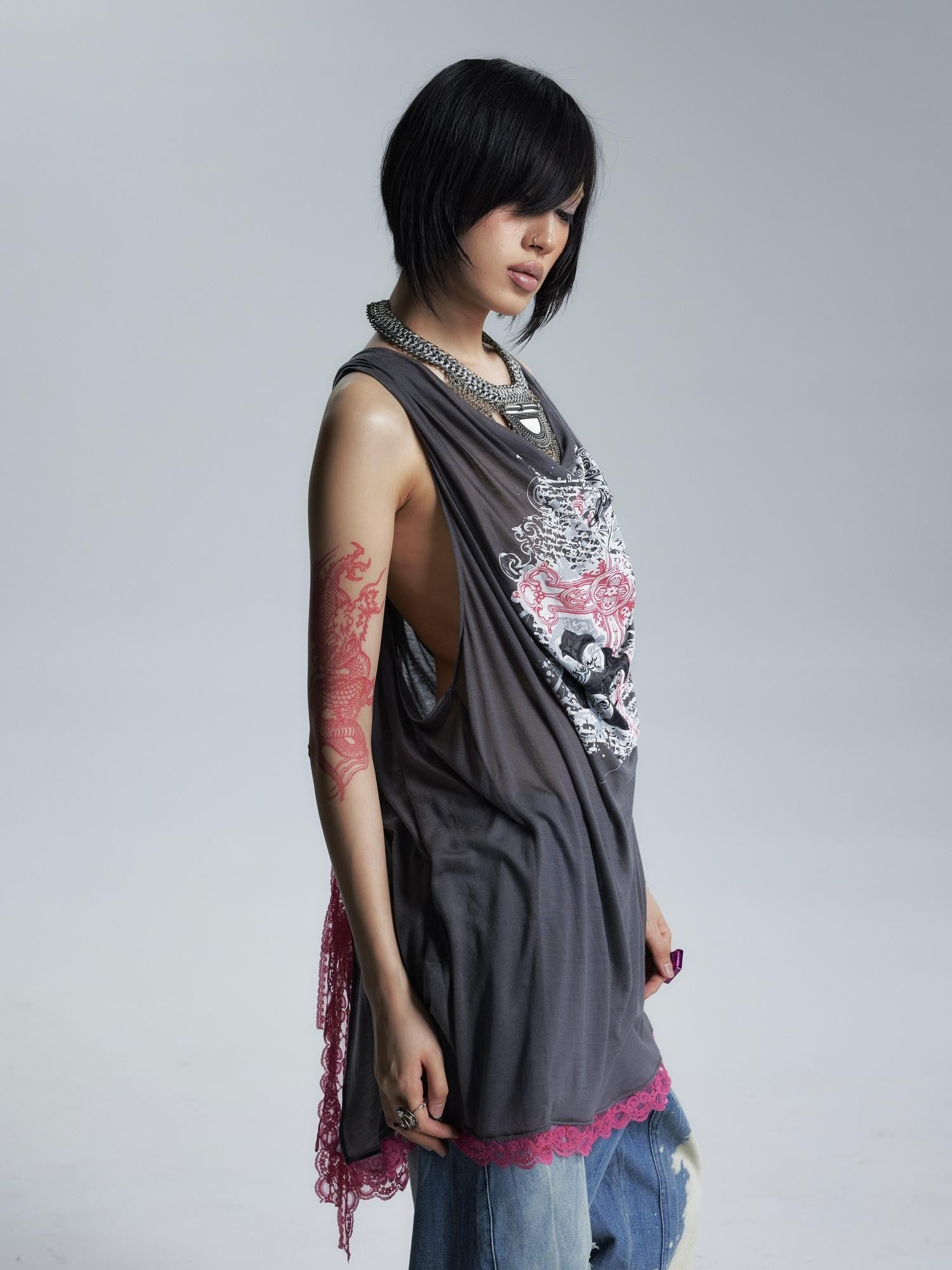 NONAME SPACE Sheer Draped Neck Printed A Line Narrow Strap Women&