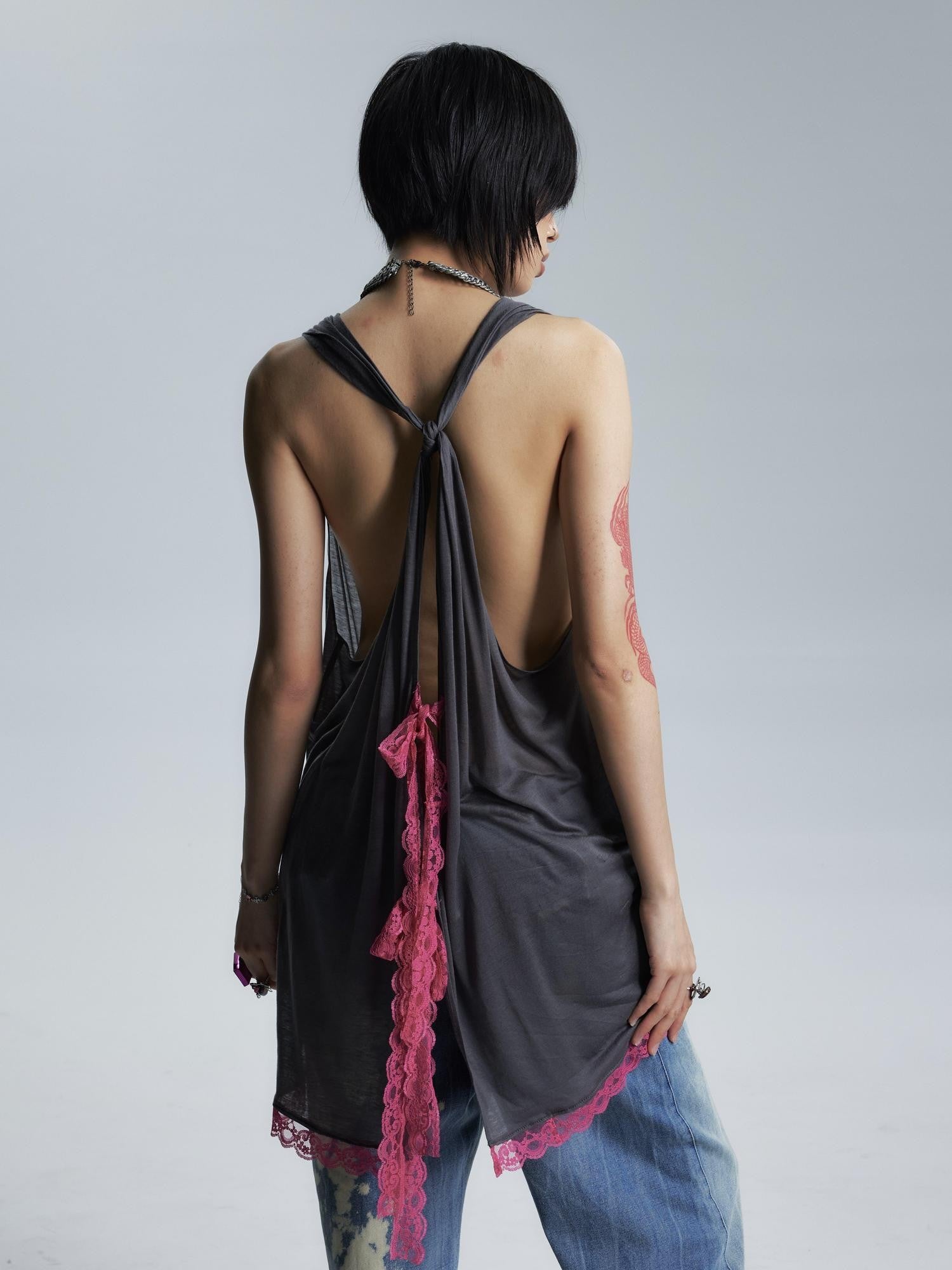 NONAME SPACE Sheer Draped Neck Printed A Line Narrow Strap Women&