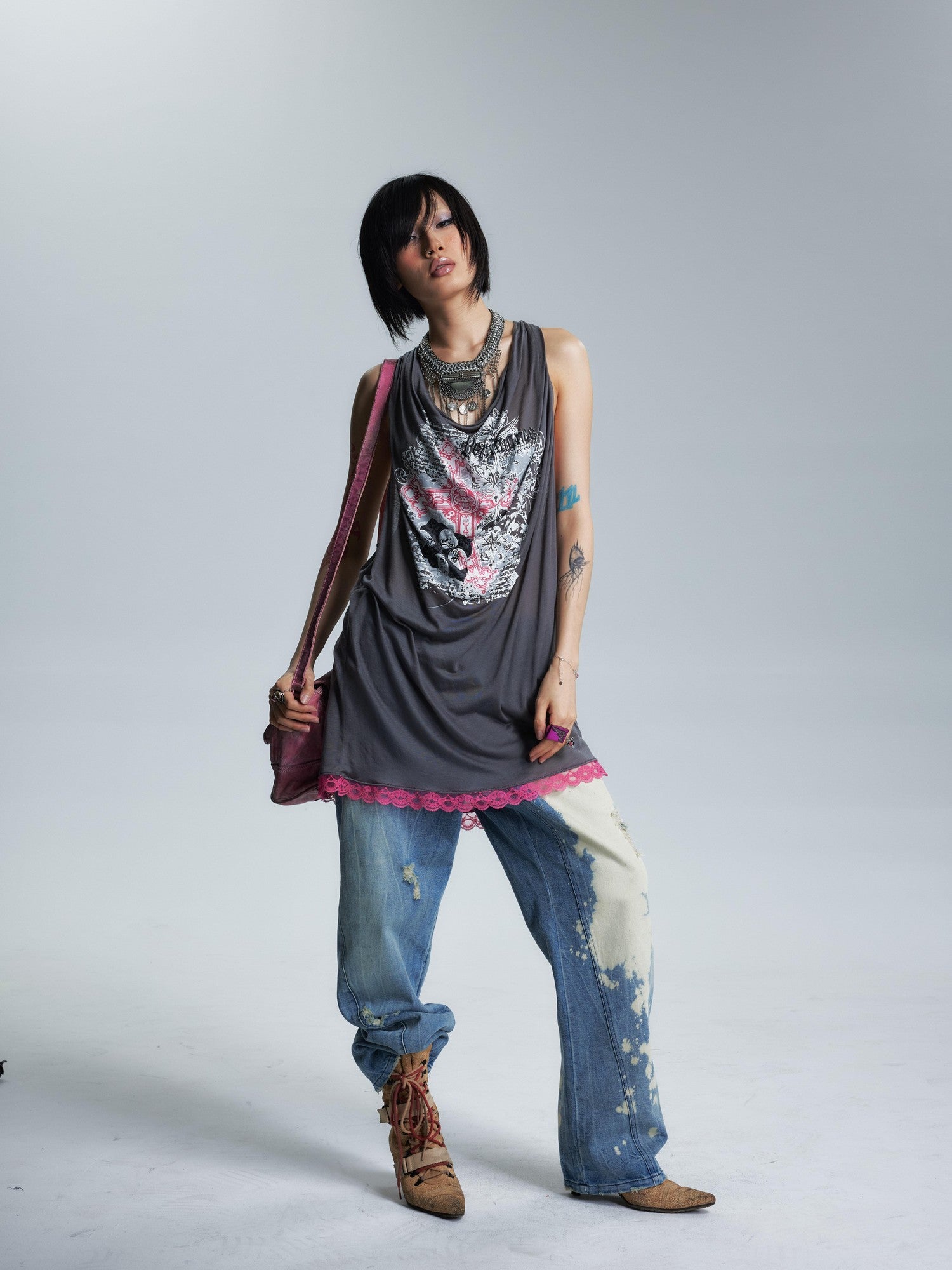 NONAME SPACE Sheer Draped Neck Printed A Line Narrow Strap Women&
