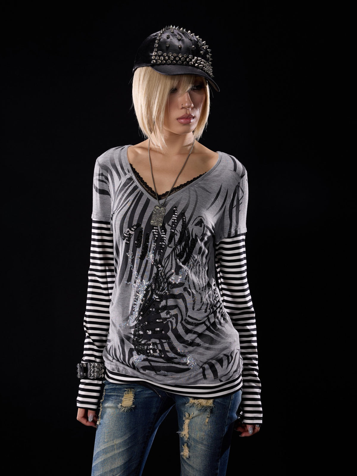 NONAME SPACE Stretch Faux Layered Print Embroidered V-neck Lace Pleated Women&