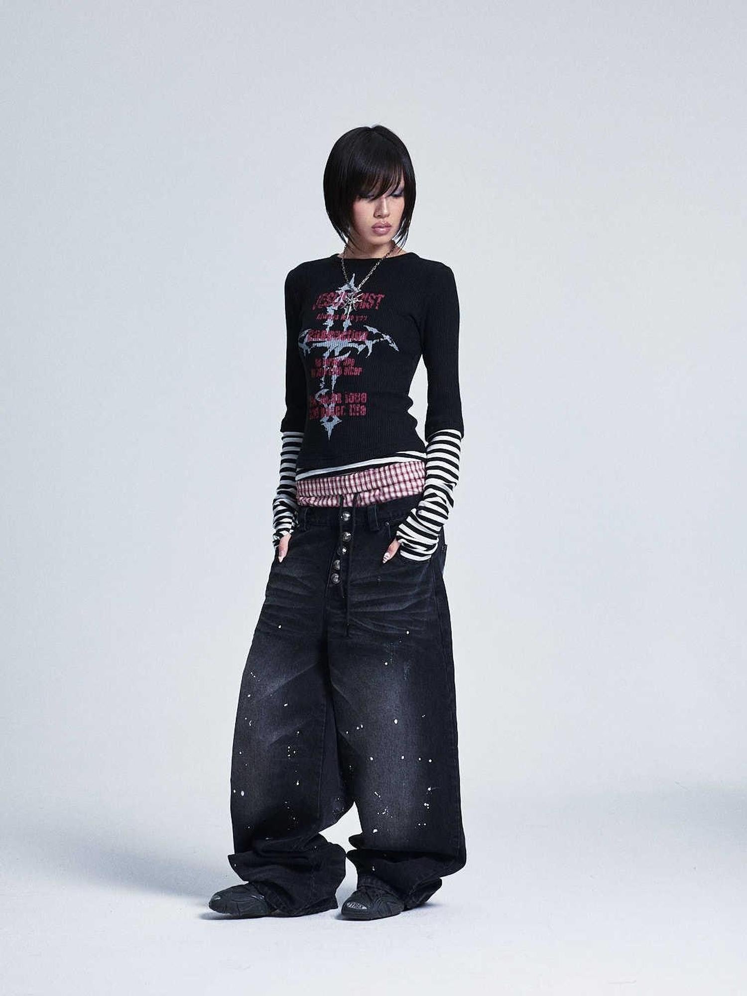 NONAME SPACE Striped Patchwork Cross Print Faux Layer Women&