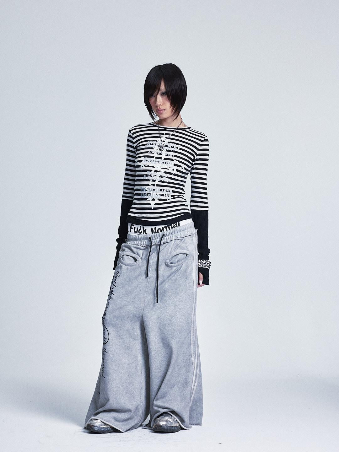 NONAME SPACE Striped Patchwork Cross Print Faux Layer Women&
