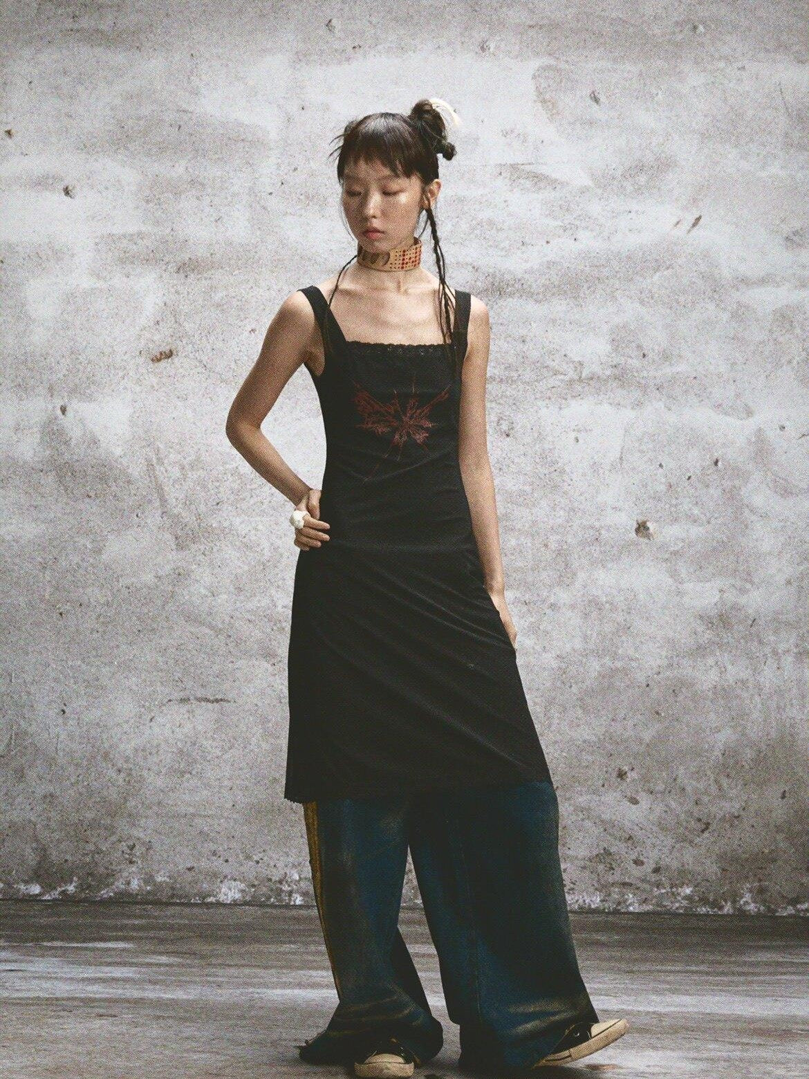 NONAME SPACE Two Tone Sheer Printed Lace Strappy Open Back Women&