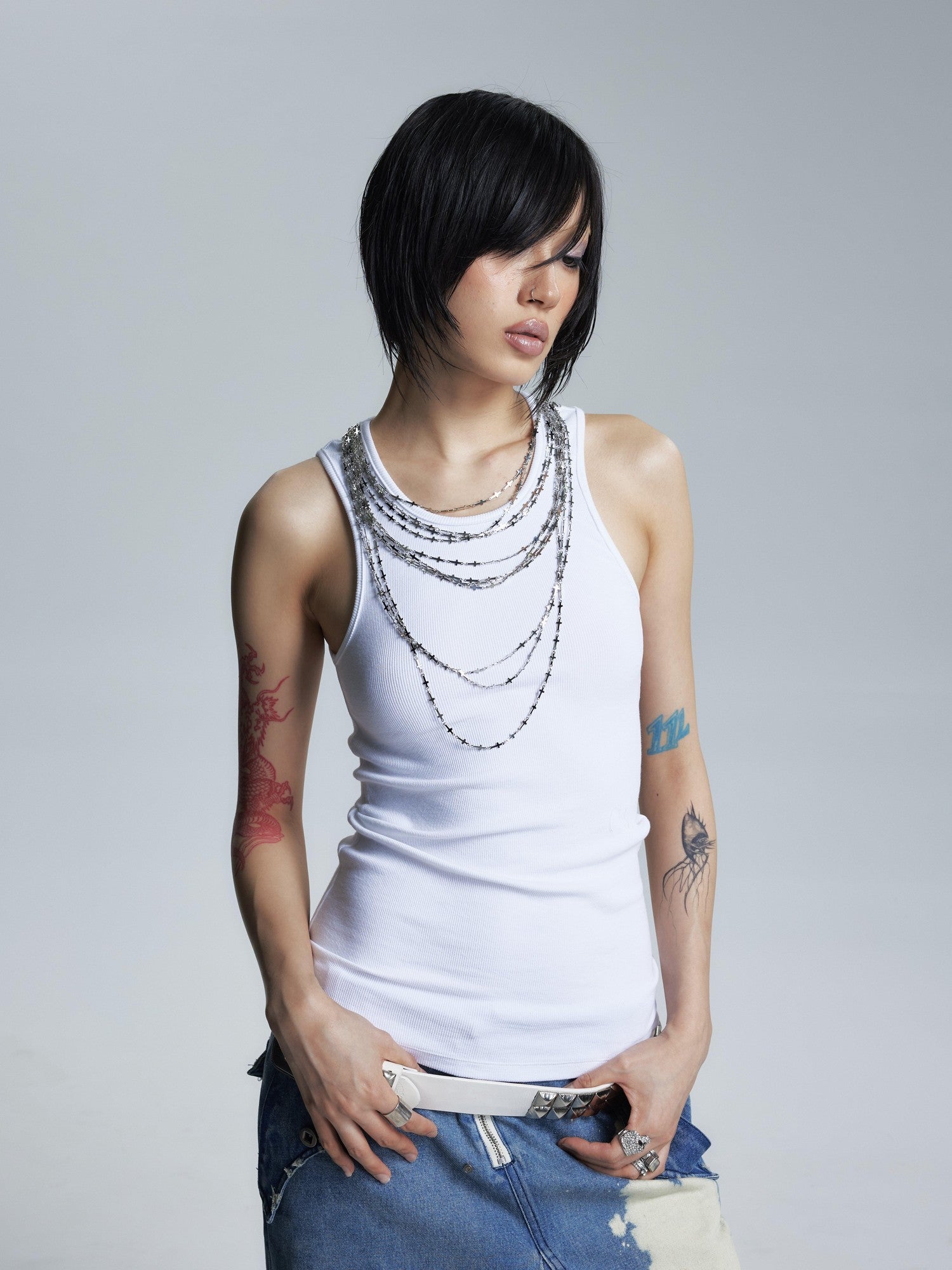 NONAME SPACE Two Tone Slimming Stretch Ribbed Beaded Metal Chain Print Women&