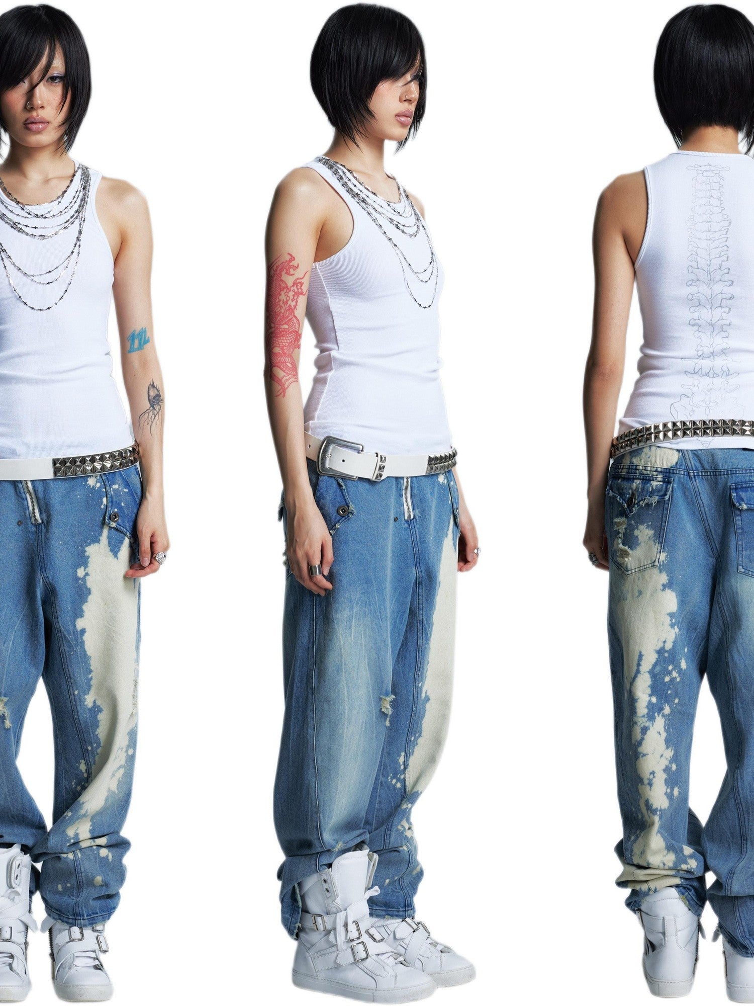 NONAME SPACE Two Tone Slimming Stretch Ribbed Beaded Metal Chain Print Women&