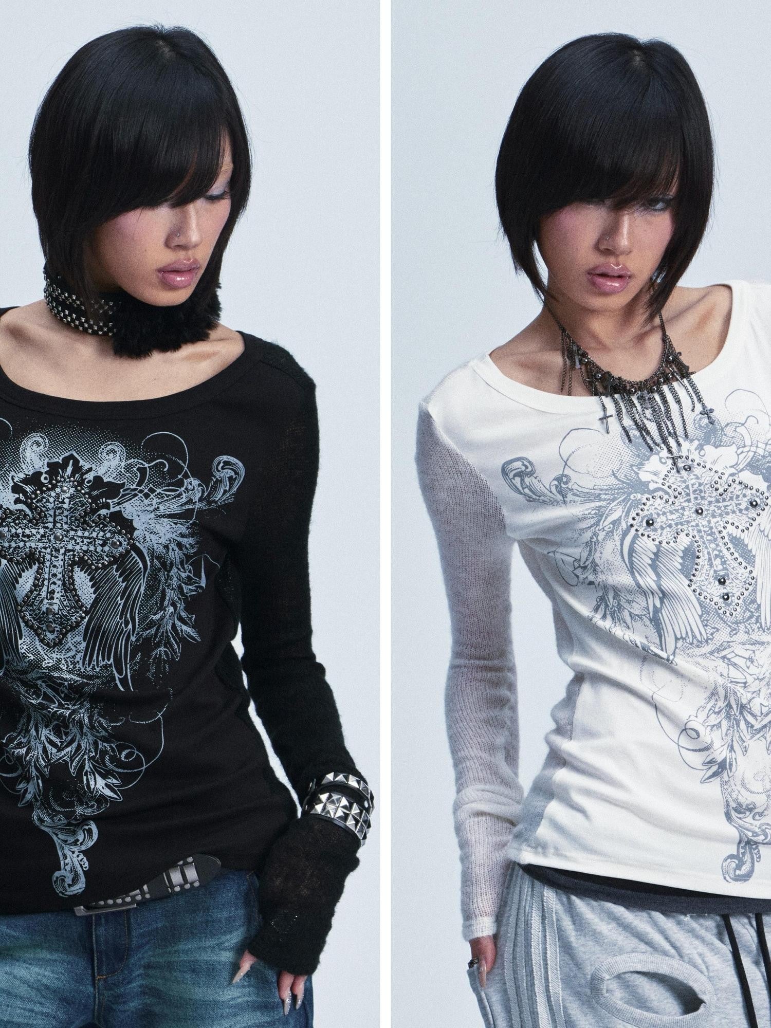 NONAME SPACE Two Tone Spliced Studded Cross Print Women&