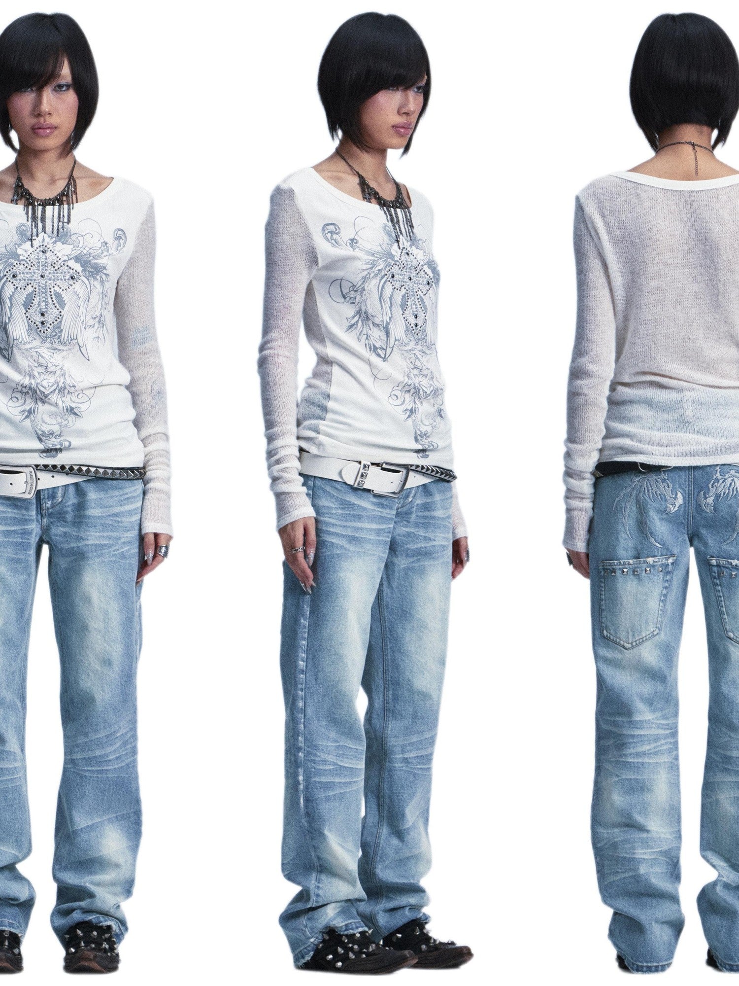 NONAME SPACE Two Tone Spliced Studded Cross Print Women&