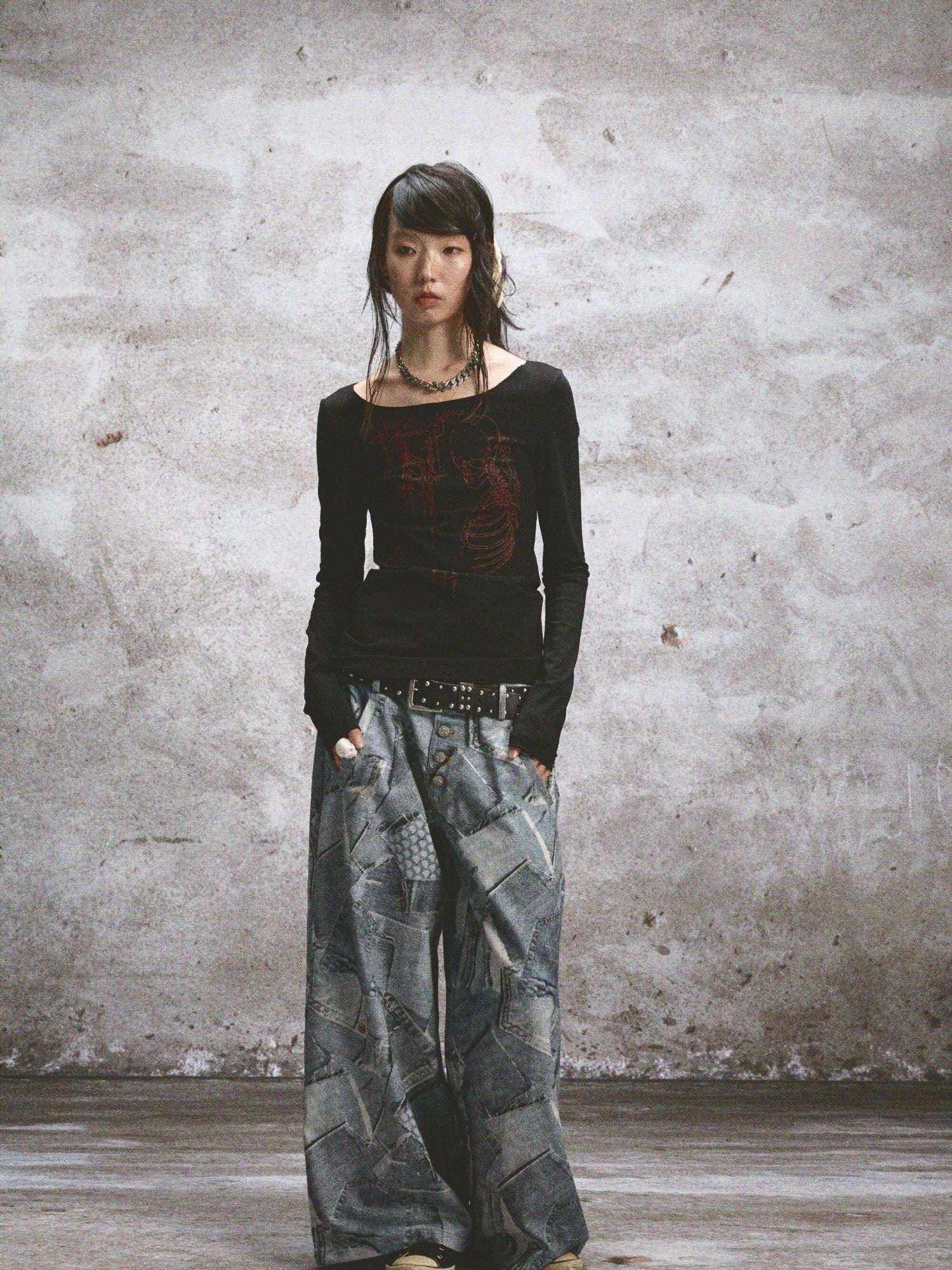 NONAME SPACE Two Tone Stretch Spliced Wide Neck Raw Edge Printed Women&