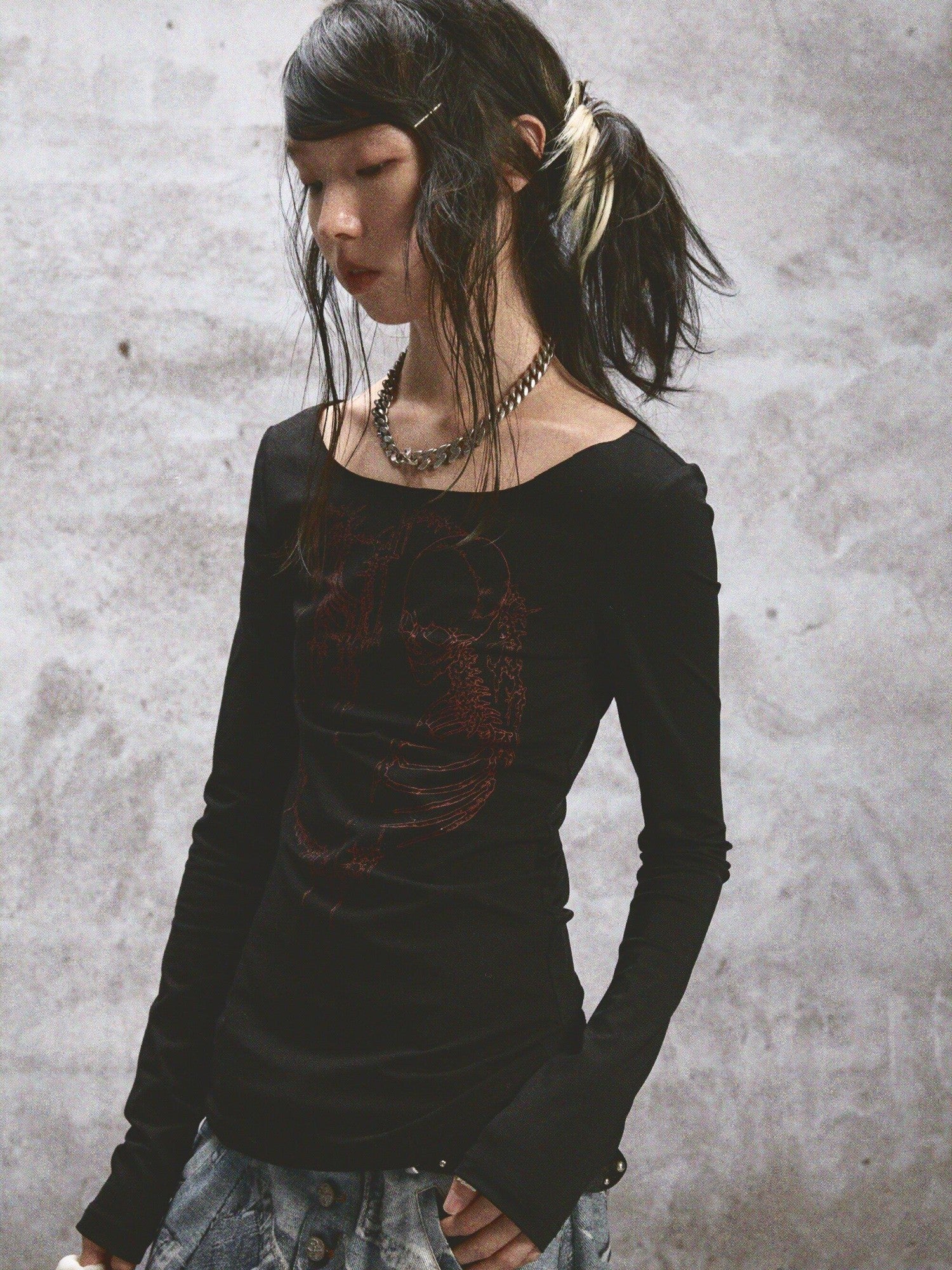 NONAME SPACE Two Tone Stretch Spliced Wide Neck Raw Edge Printed Women&