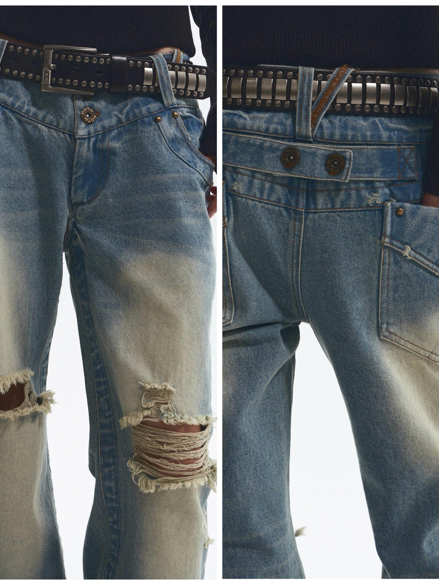 NONAME SPACE Vintage Washed Distressed Low Rise Loose Fit Women&
