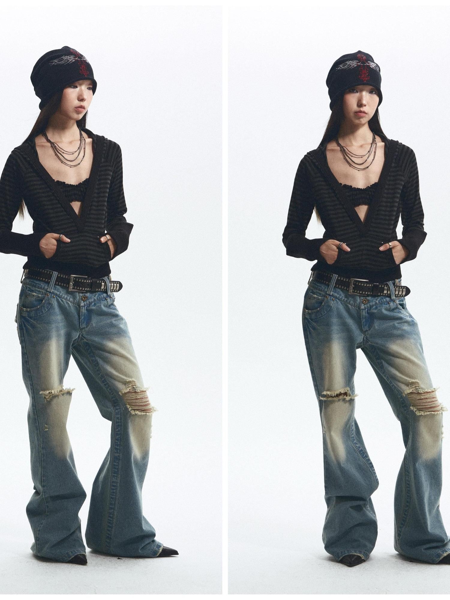NONAME SPACE Vintage Washed Distressed Low Rise Loose Fit Women&