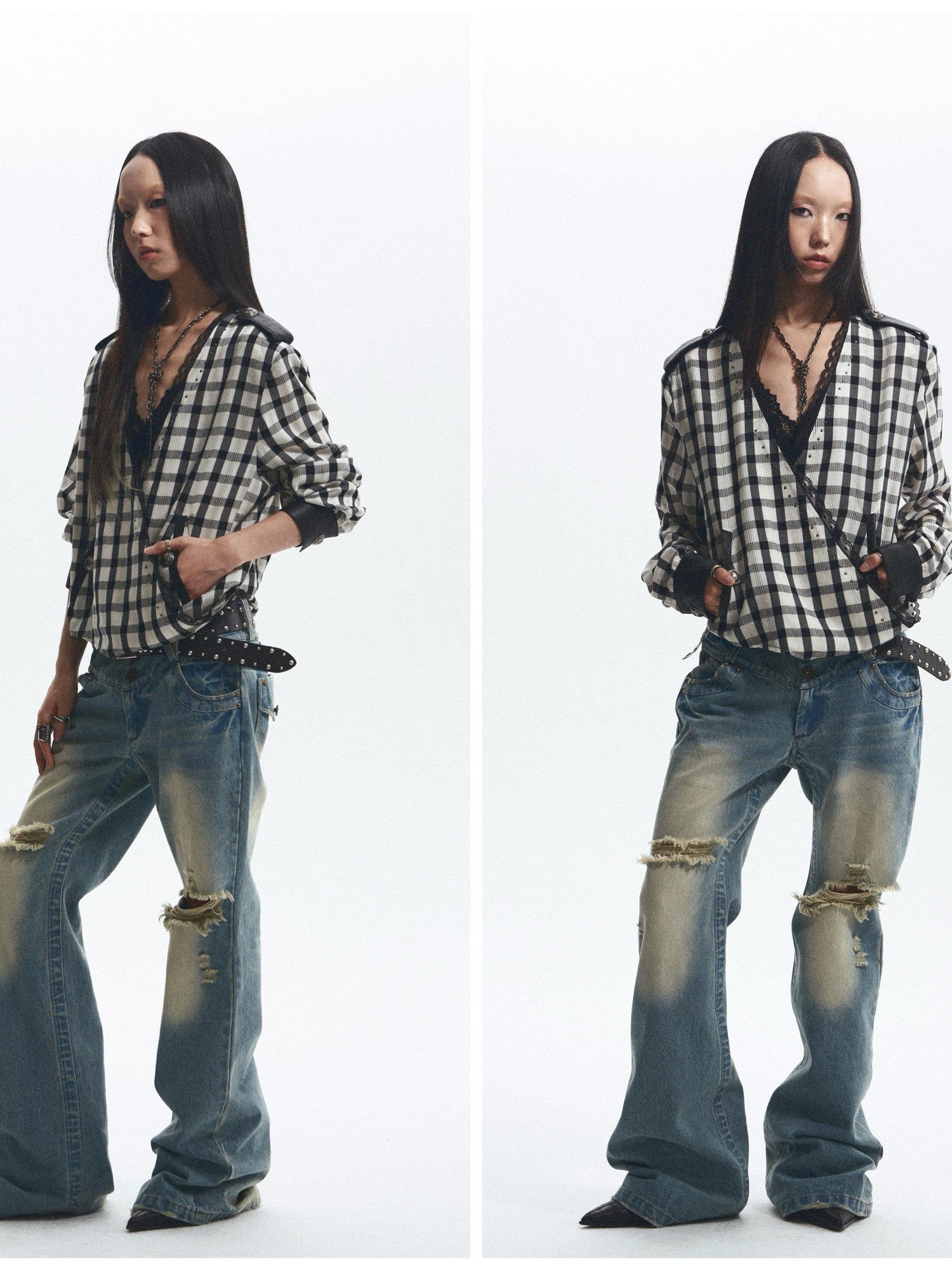 NONAME SPACE Vintage Washed Distressed Low Rise Loose Fit Women&
