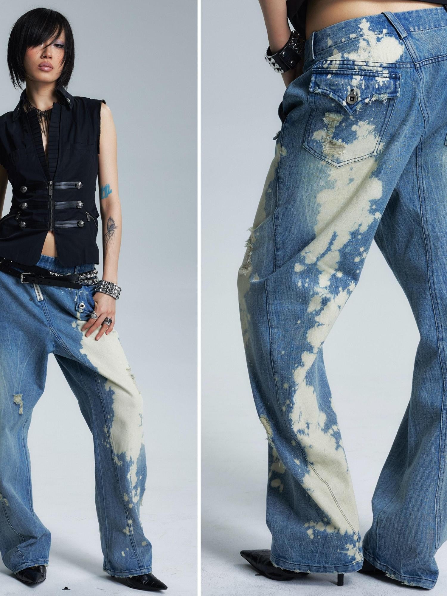 NONAME SPACE Washed Distressed Slanted Fly Detachable Patch Loose Women&