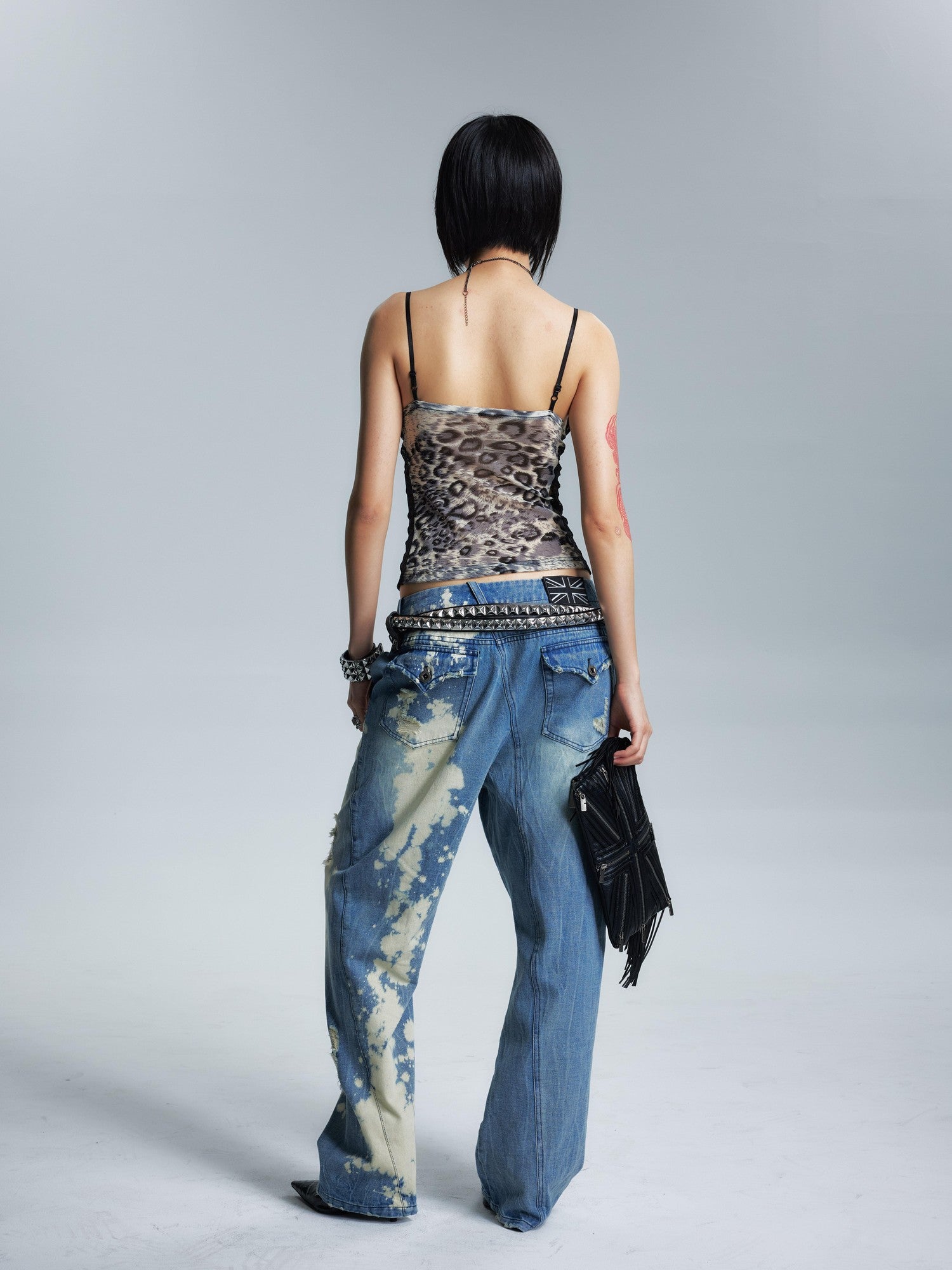 NONAME SPACE Washed Distressed Slanted Fly Detachable Patch Loose Women&