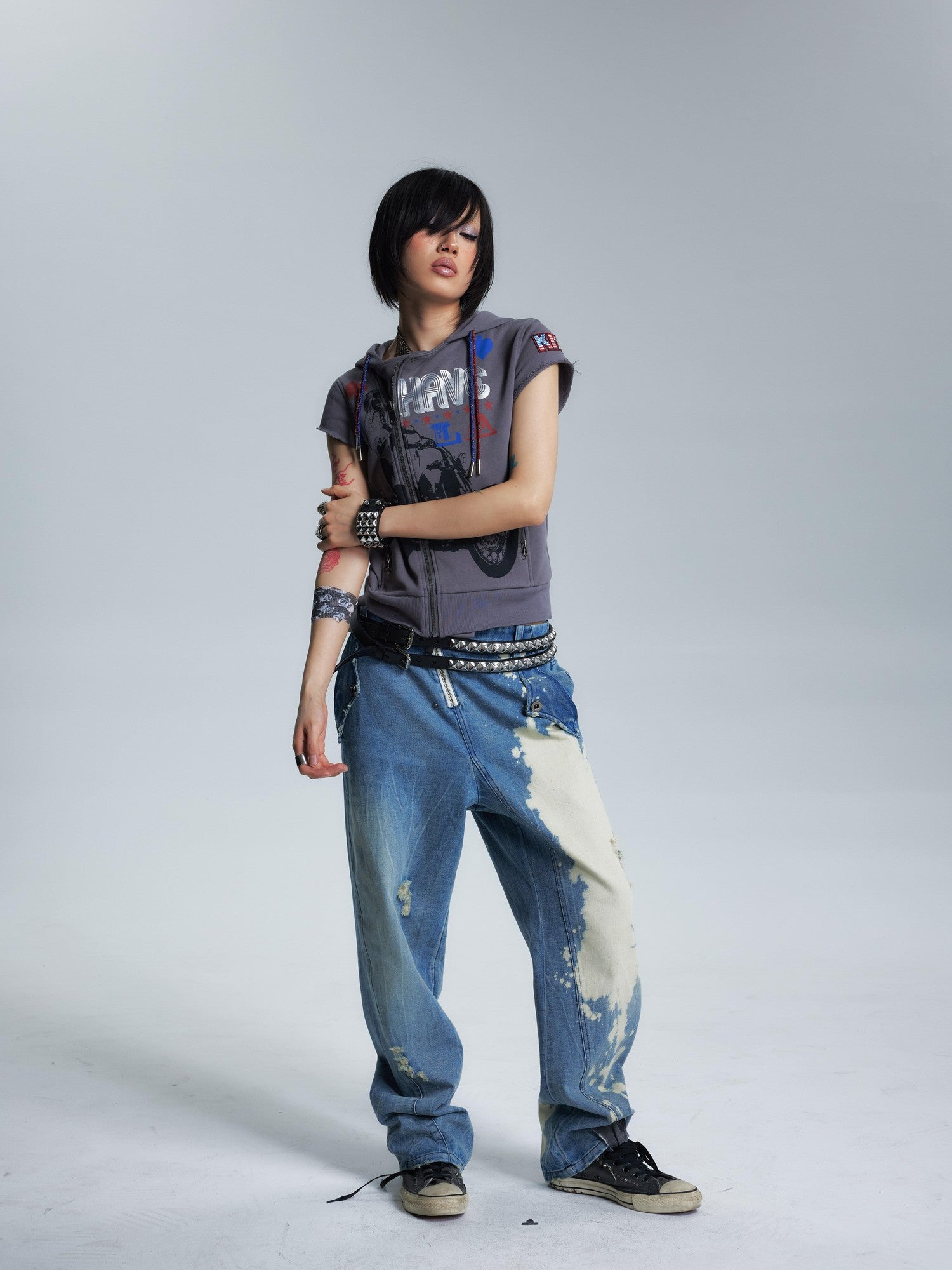 NONAME SPACE Washed Distressed Slanted Fly Detachable Patch Loose Women&