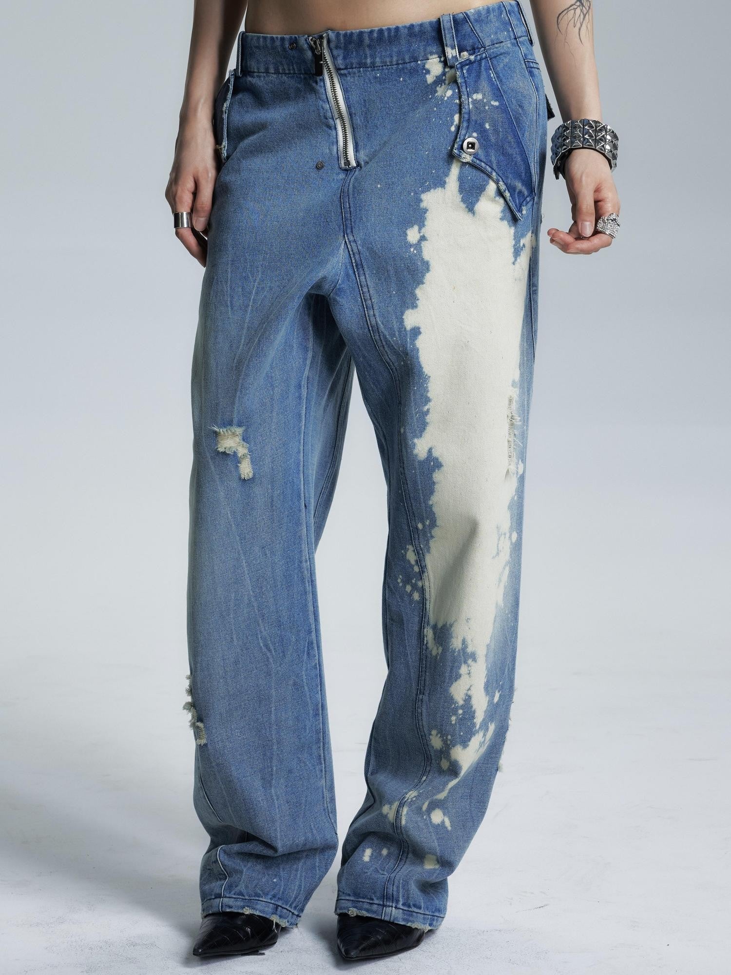 NONAME SPACE Washed Distressed Slanted Fly Detachable Patch Loose Women&