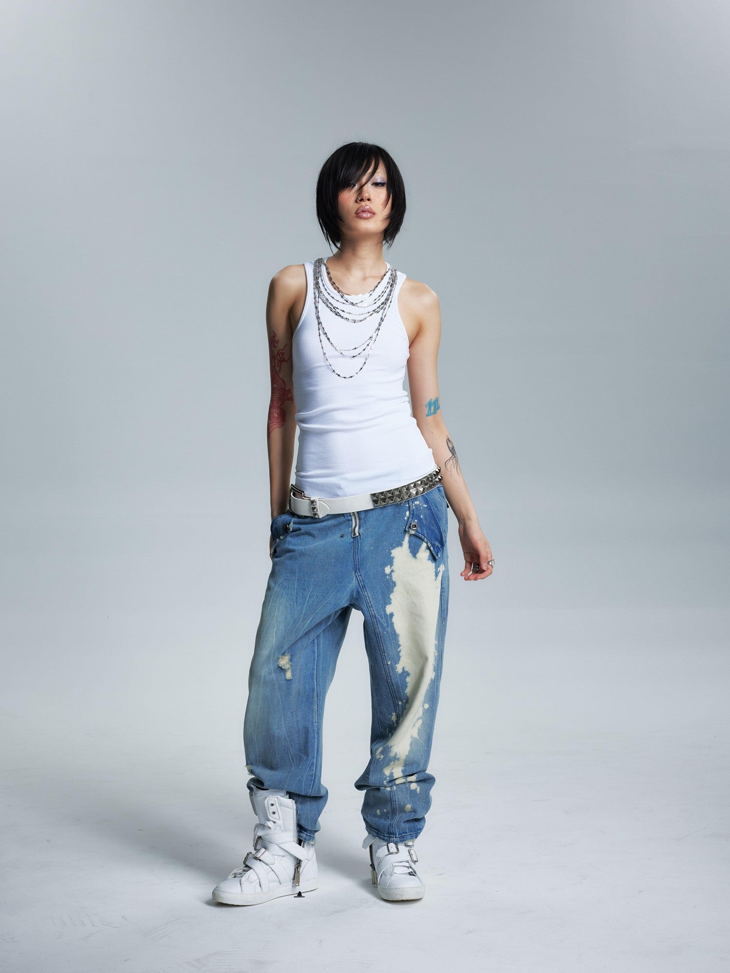 NONAME SPACE Washed Distressed Slanted Fly Detachable Patch Loose Women&