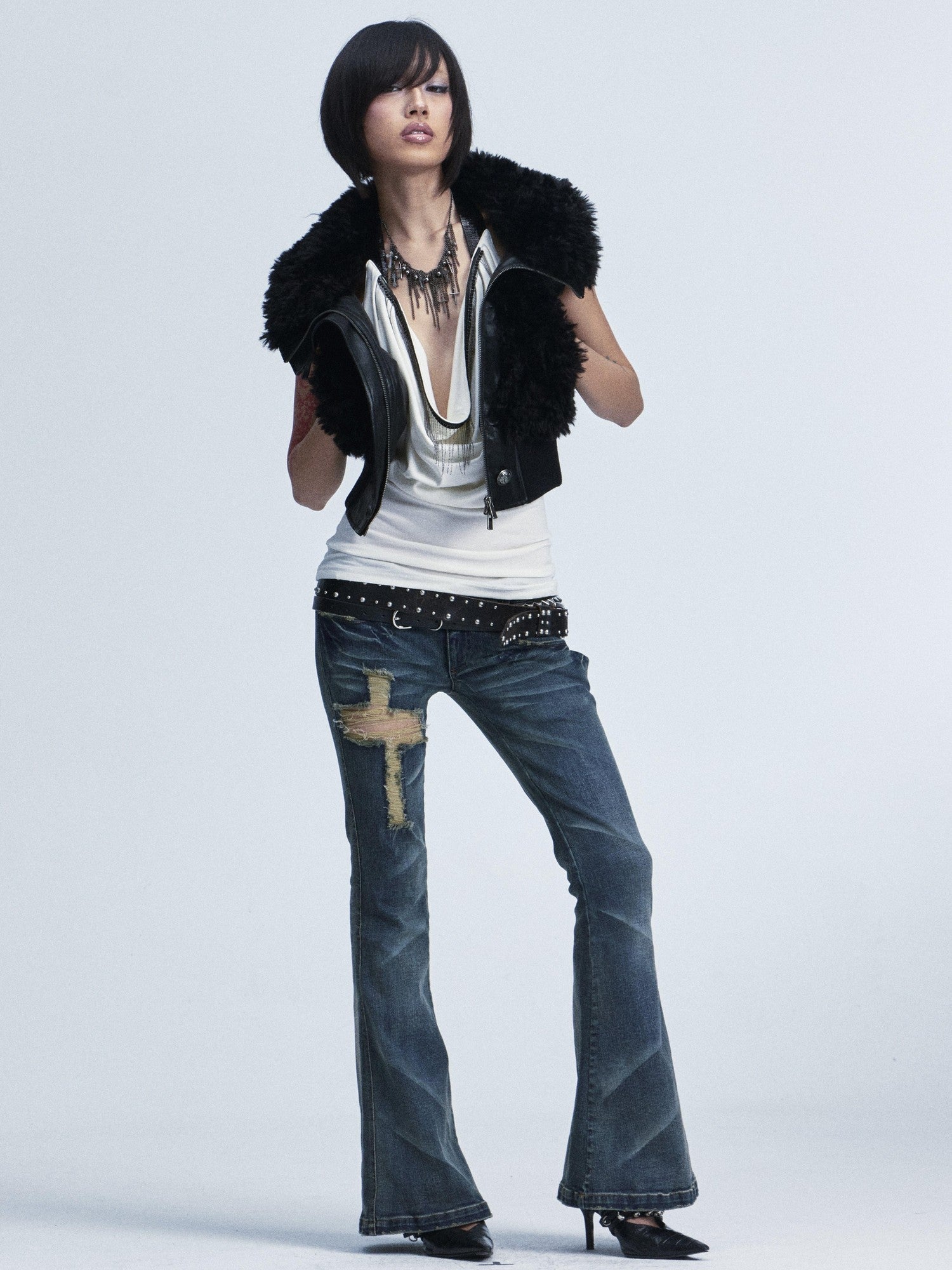 NONAME SPACE Washed Distressed Slim Low Waist Cross Ripped Double Pocket Women&