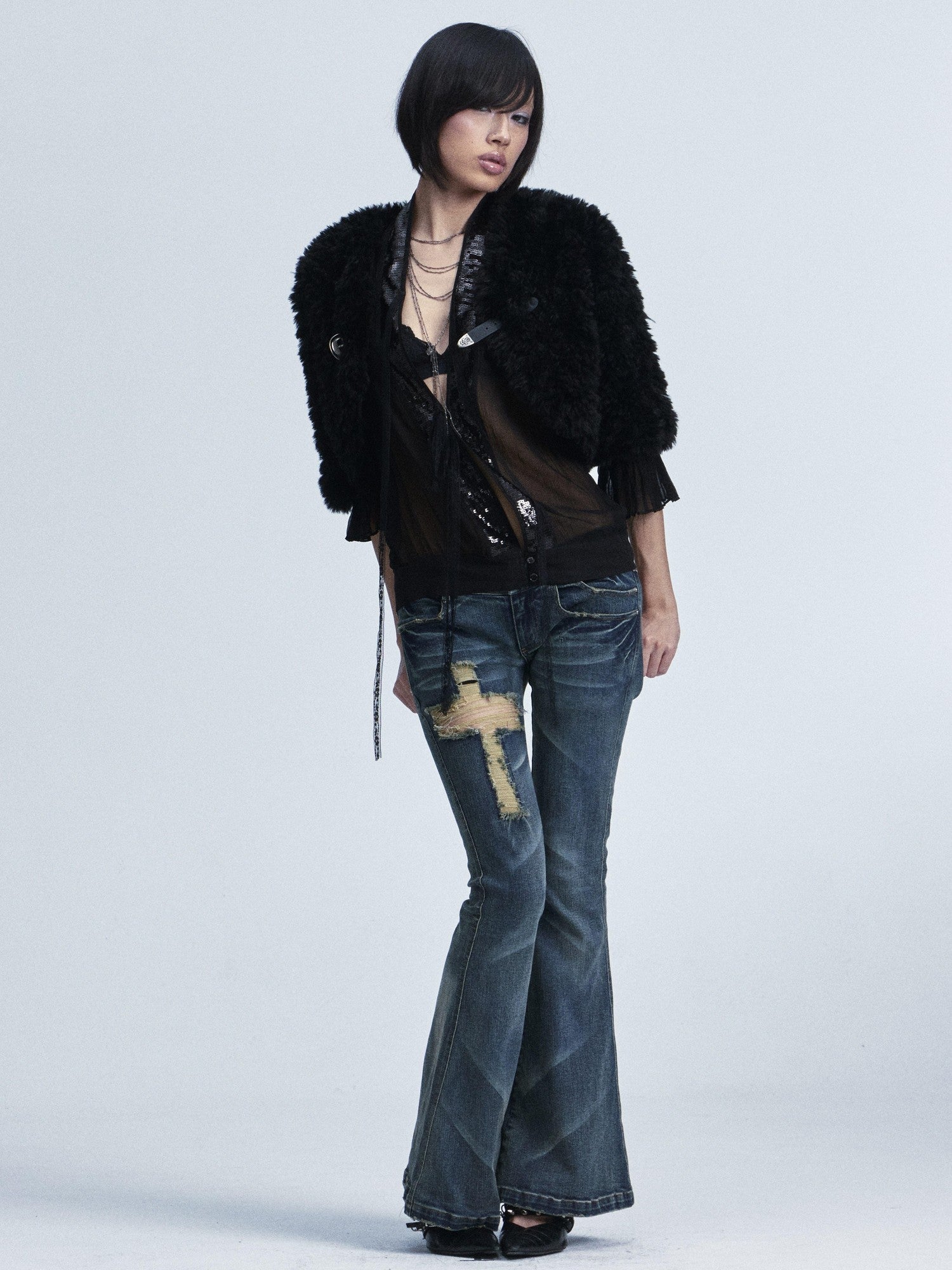 NONAME SPACE Washed Distressed Slim Low Waist Cross Ripped Double Pocket Women&