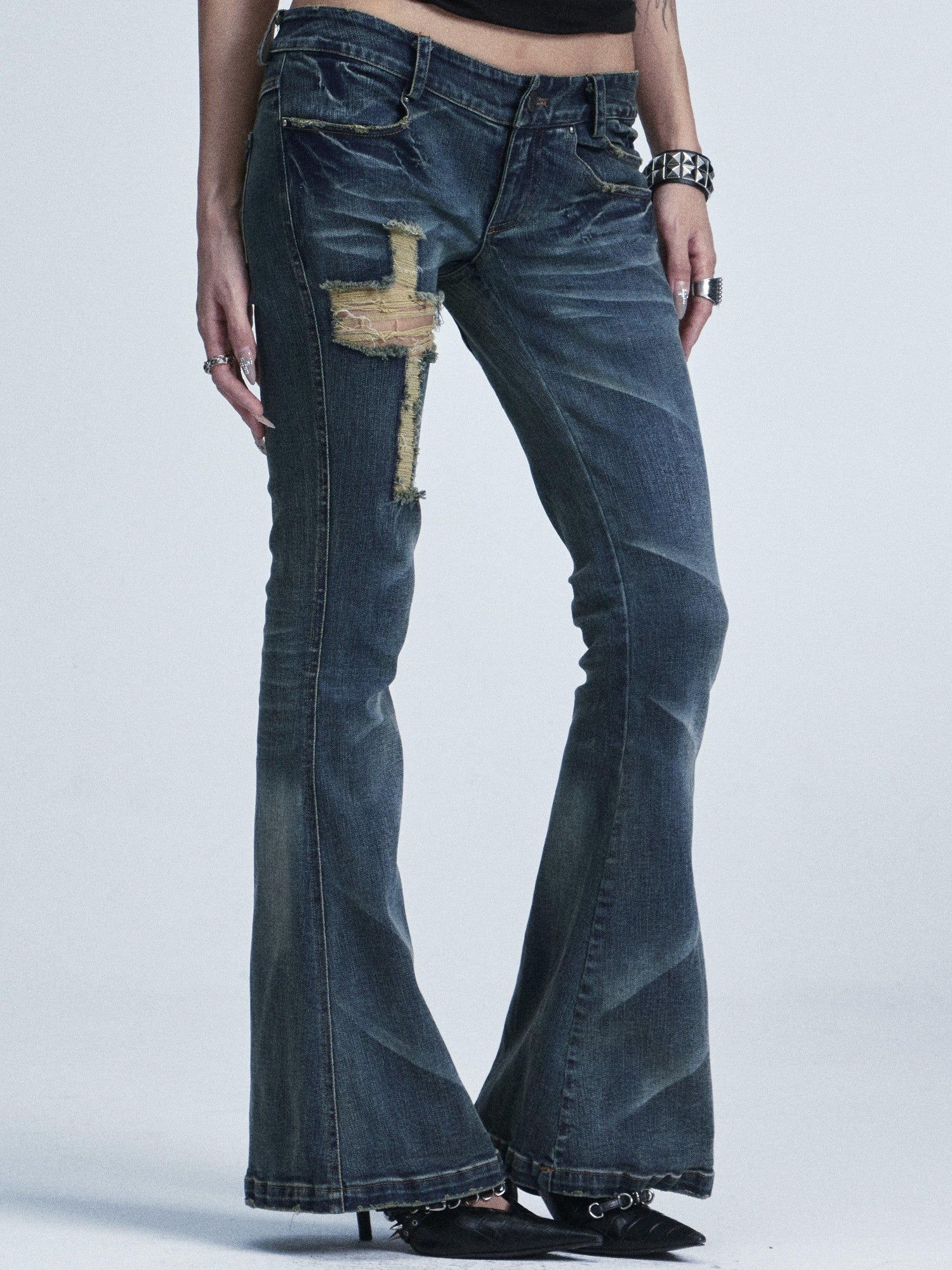 NONAME SPACE Washed Distressed Slim Low Waist Cross Ripped Double Pocket Women&