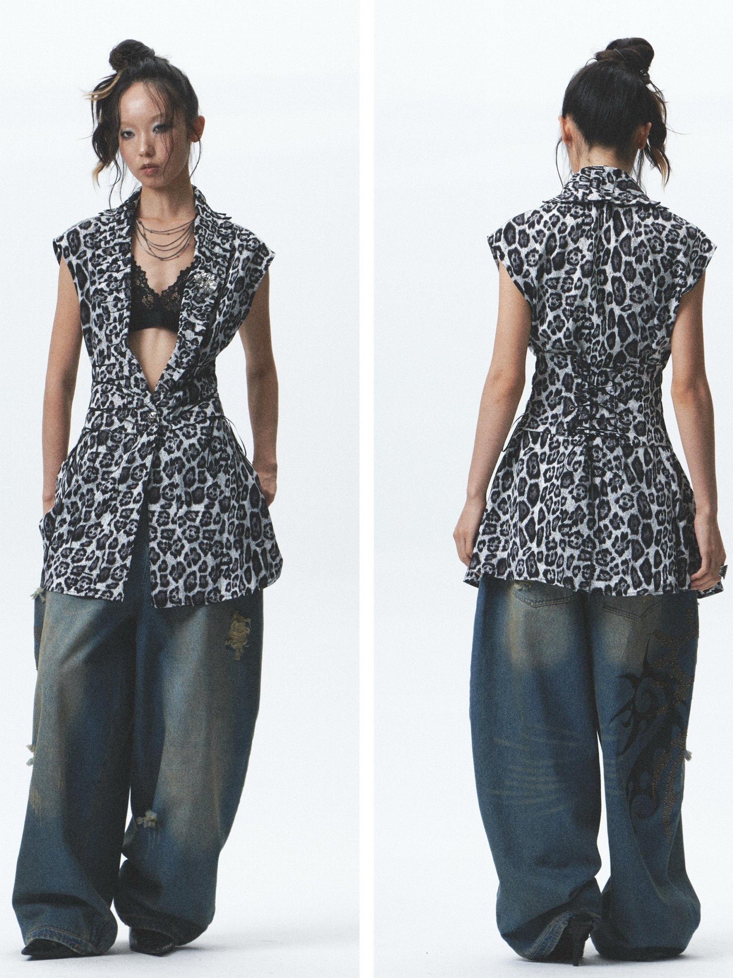 NONAME SPACE Washed Print Rhinestone Distressed High Waist Women&