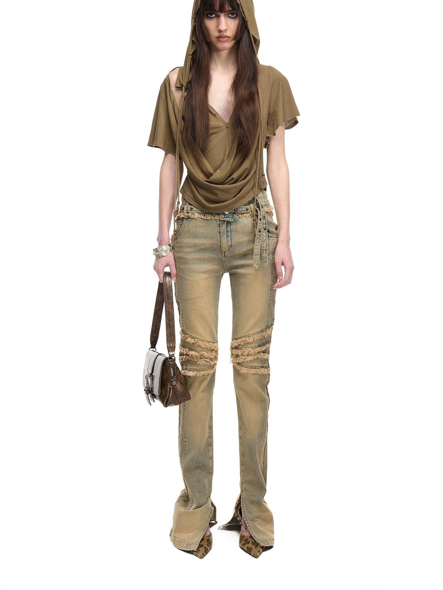 NORTH NODE Almond Faux Layered Hooded Ruched Drape Neck Women&