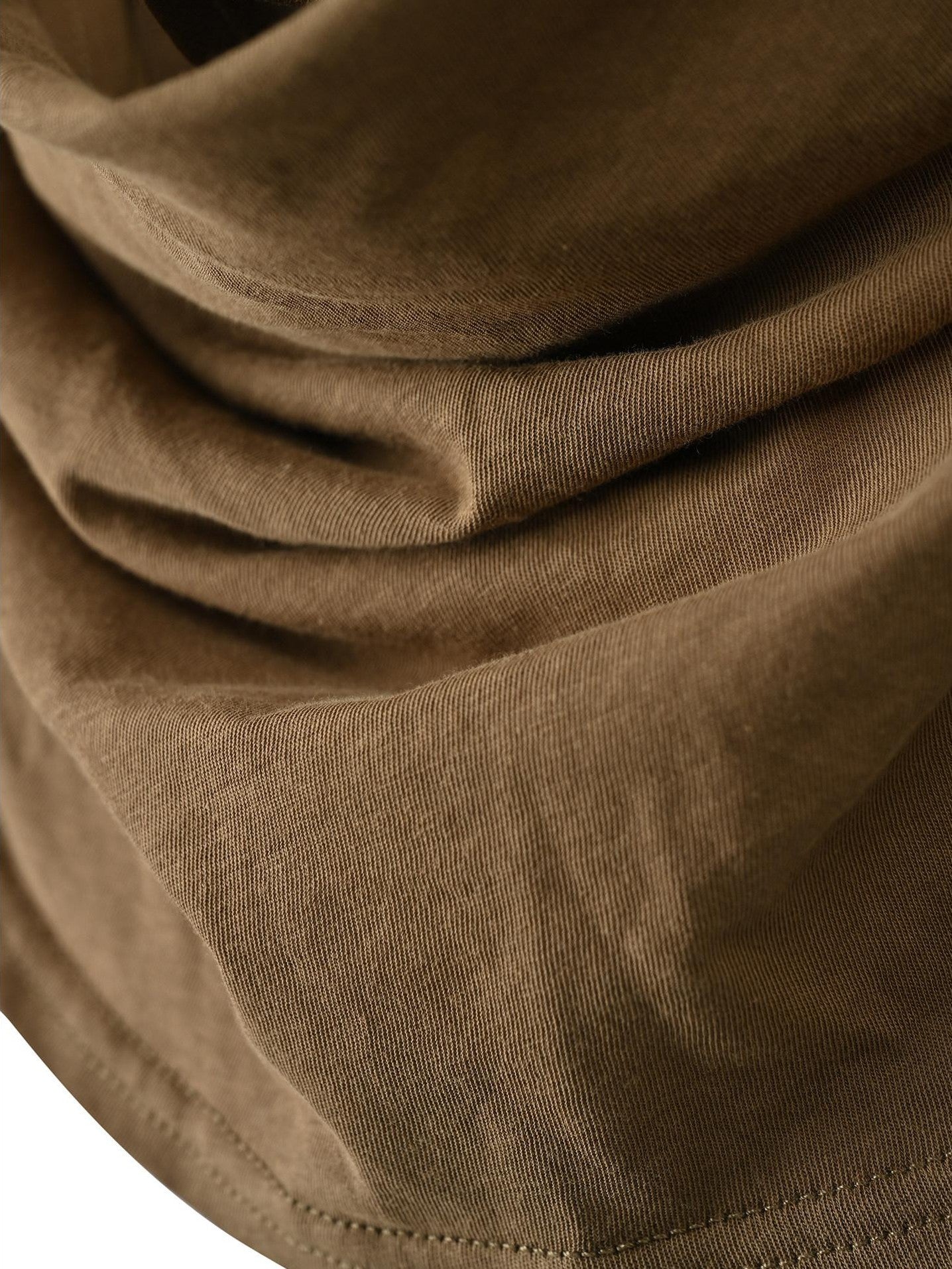 NORTH NODE Almond Faux Layered Hooded Ruched Drape Neck Women&