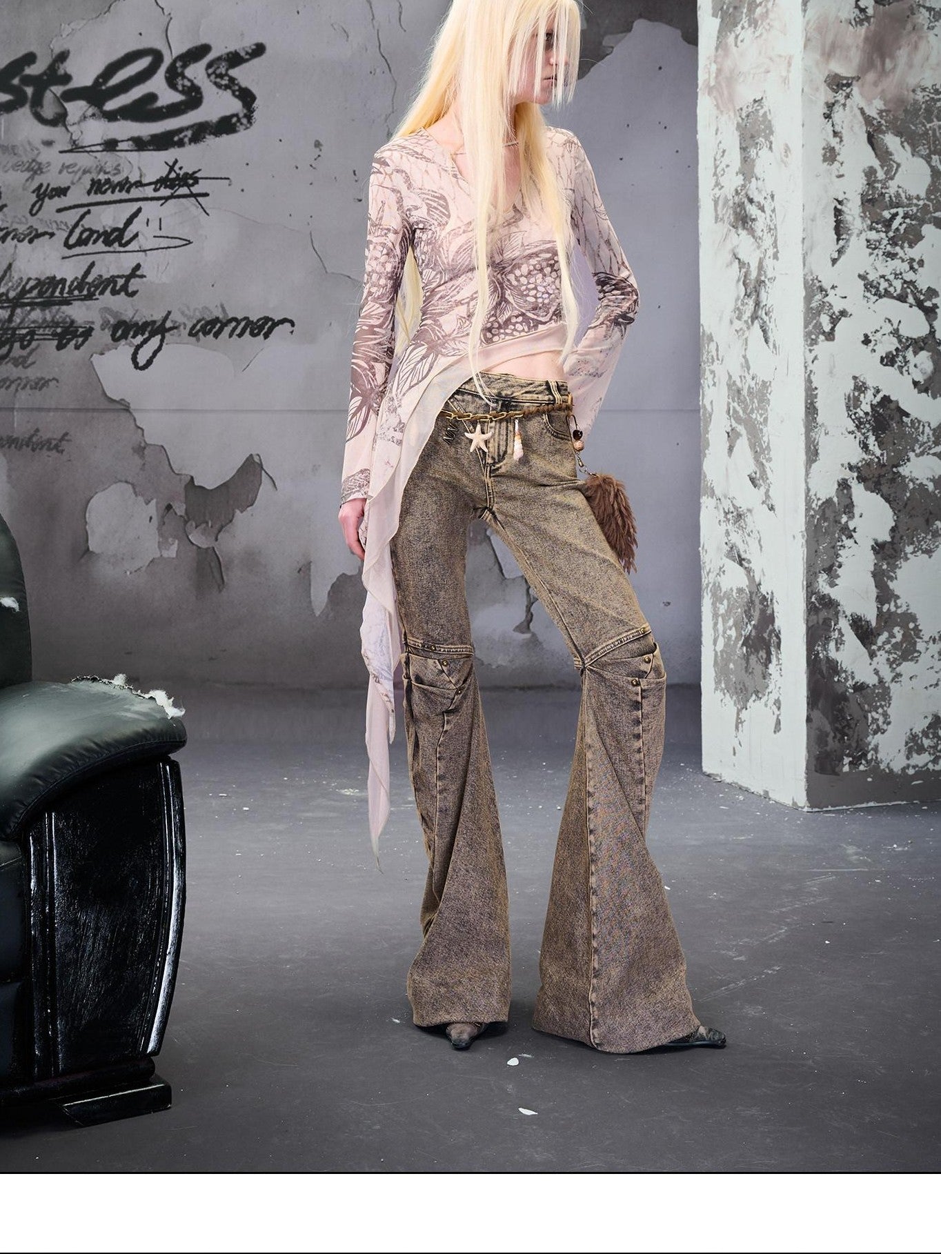 NORTH NODE Apricot Beaded Floral Print Asymmetric Ruffle Vneck Women&