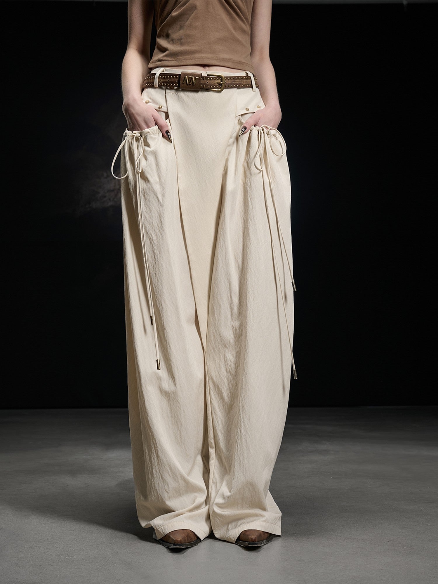 NORTH NODE Apricot Pleated Drawstring Pockets Drapey Women&