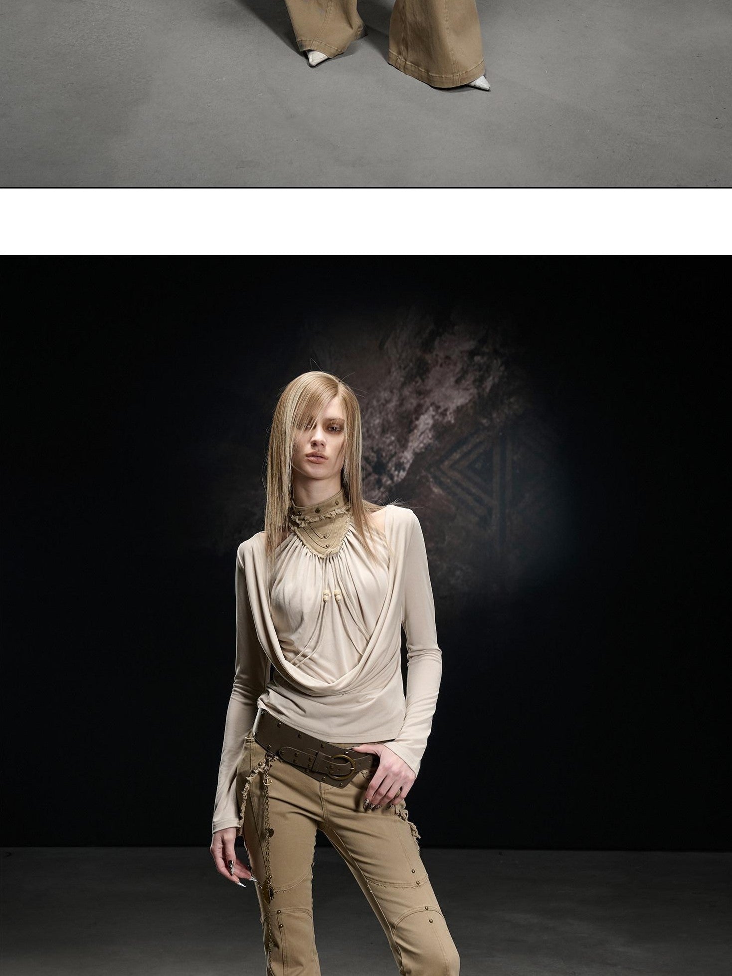 NORTH NODE Apricot Washed Spliced Ruched Scoop Neck Women&