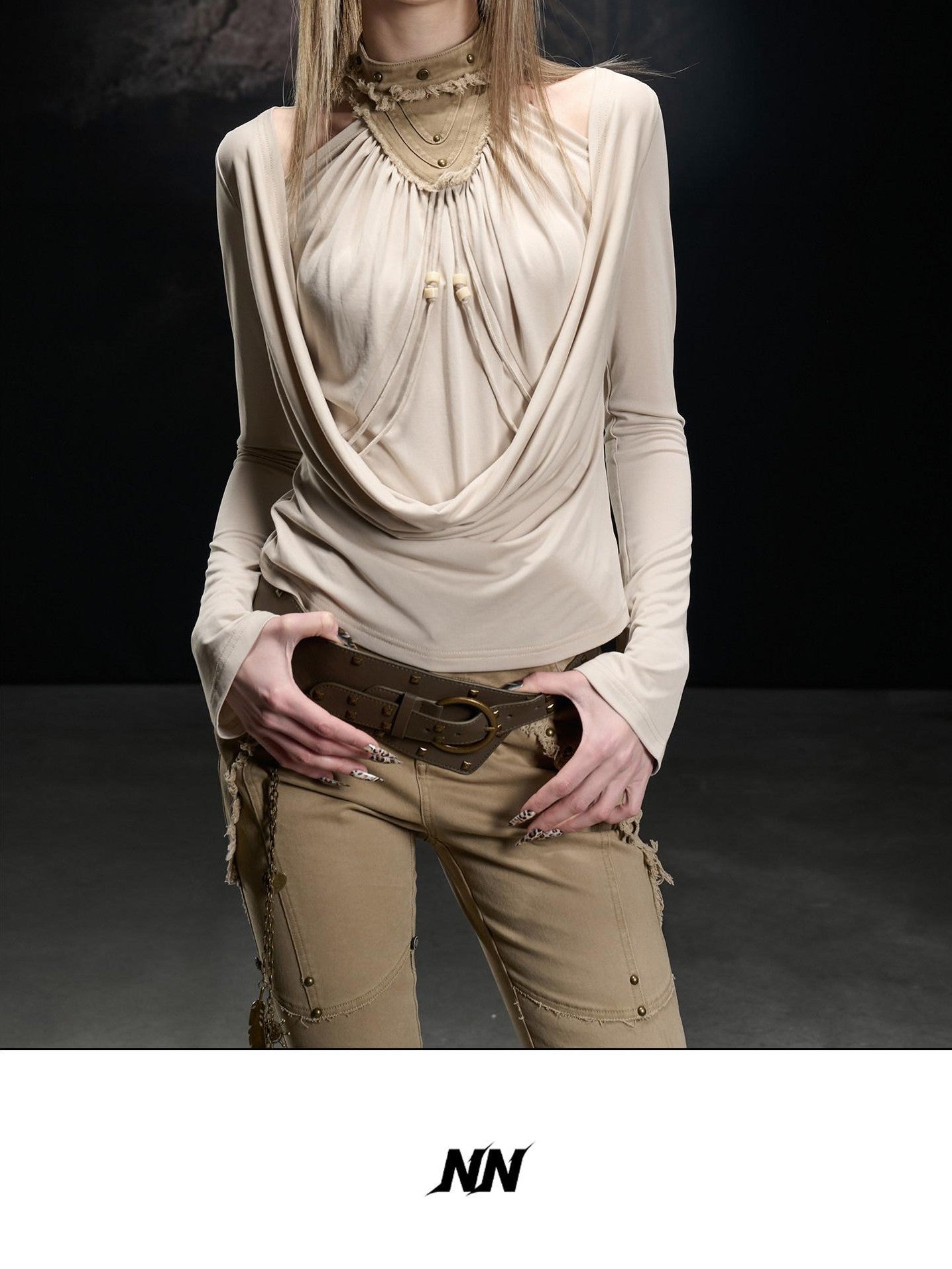 NORTH NODE Apricot Washed Spliced Ruched Scoop Neck Women&