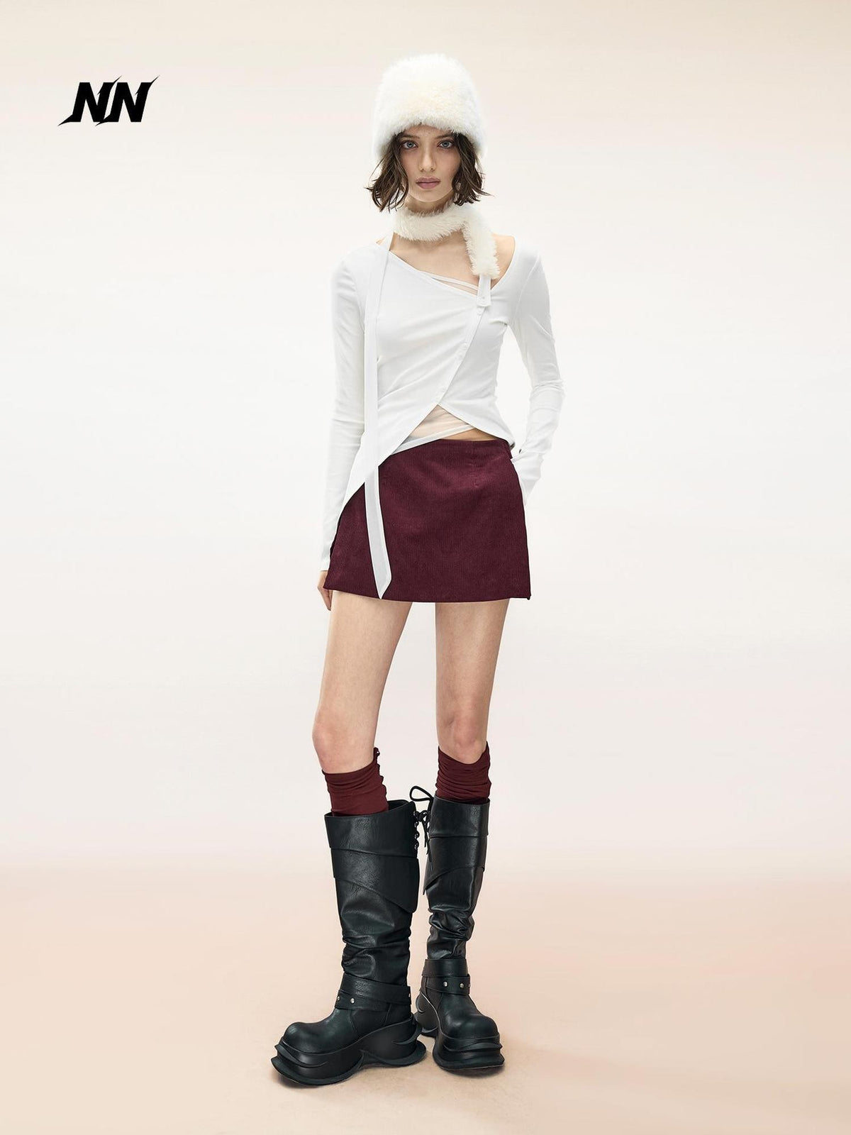 NORTH NODE Asymmetric Button Slant Neck High Stretch Cotton Women&