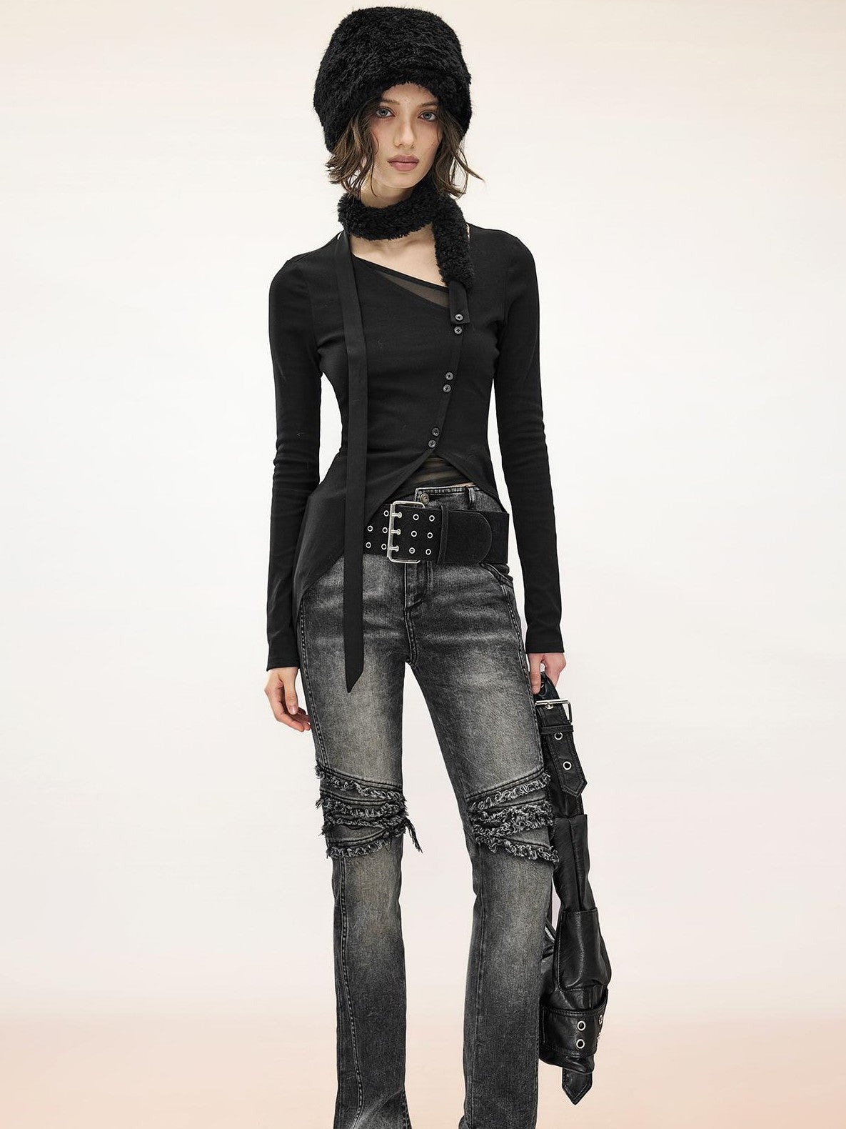 NORTH NODE Asymmetric Button Slant Neck High Stretch Cotton Women&