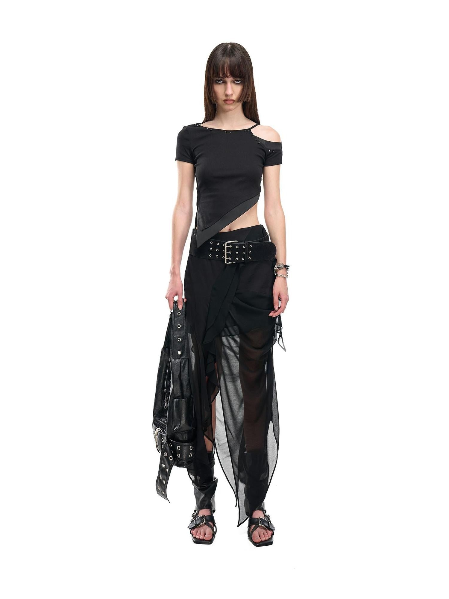 NORTH NODE Asymmetric Patchwork Irregular Pleated Ruffle Women&
