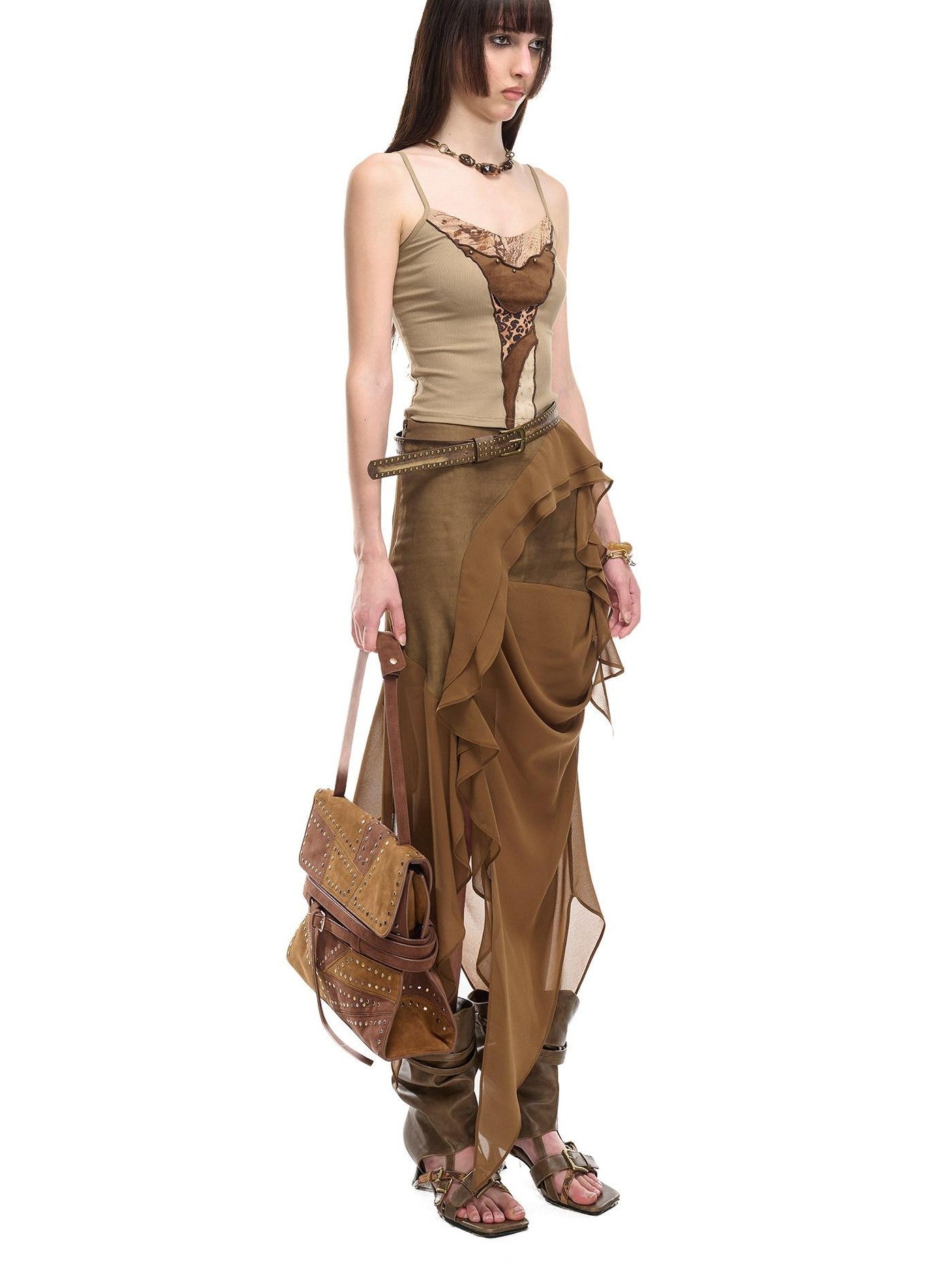 NORTH NODE Asymmetric Patchwork Irregular Pleated Ruffle Women&