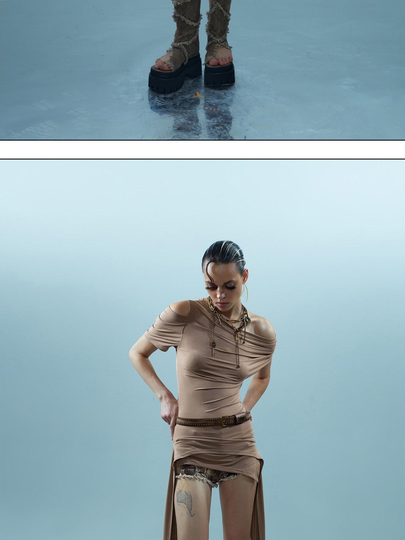 NORTH NODE Asymmetric Ribbon One Shoulder Cross Print Women&