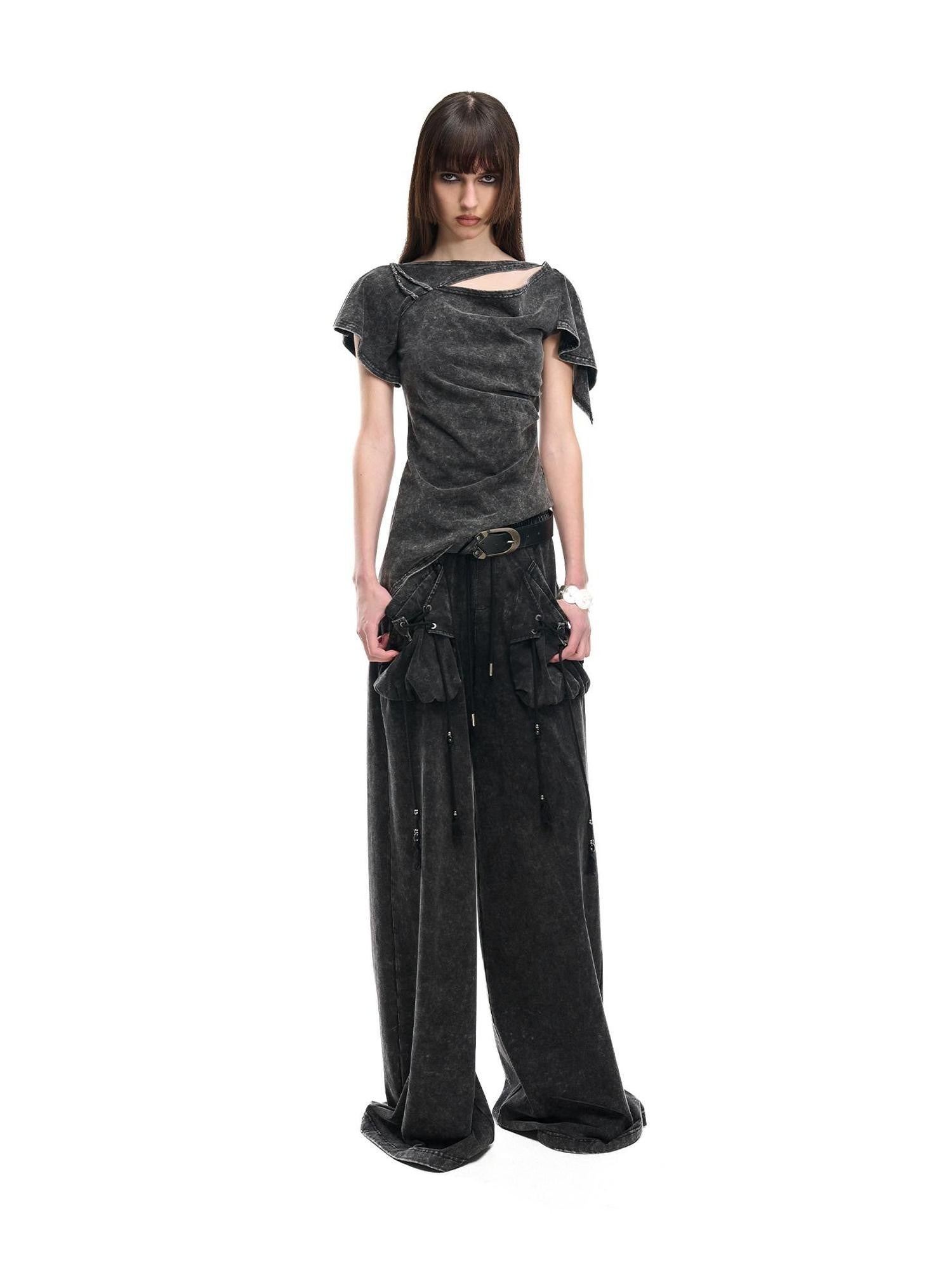 NORTH NODE Asymmetric Ruffle Sleeve Round Neck Slim Fit Women&
