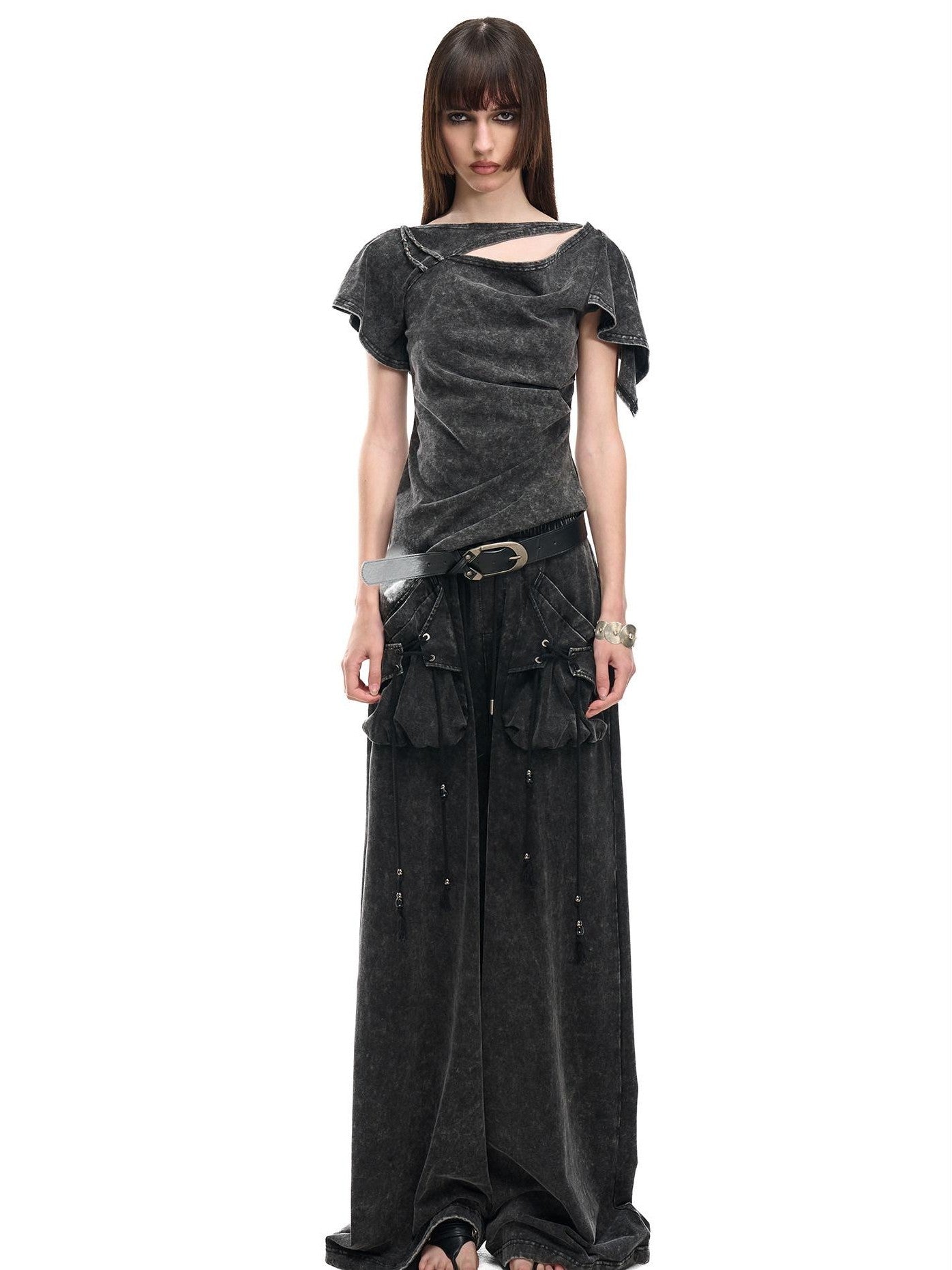 NORTH NODE Asymmetric Ruffle Sleeve Round Neck Slim Fit Women&